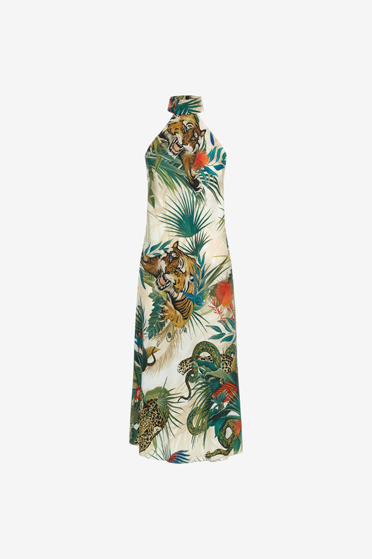 RC Jungle Print Silk Midi Dress Halter Neck Green SKT129-4QI88