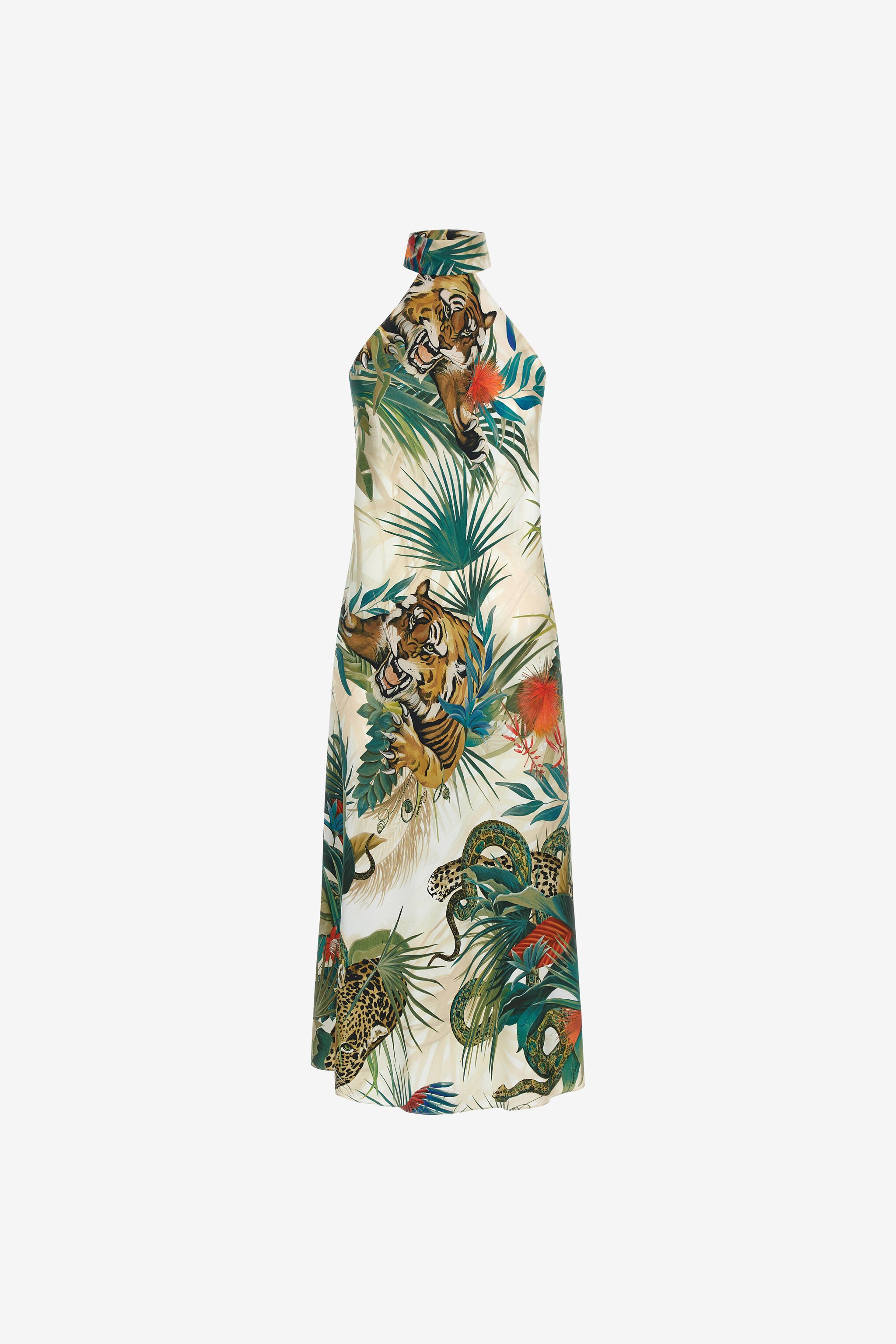 RC Jungle Print Silk Midi Dress Halter Neck Green SKT129-4QI88