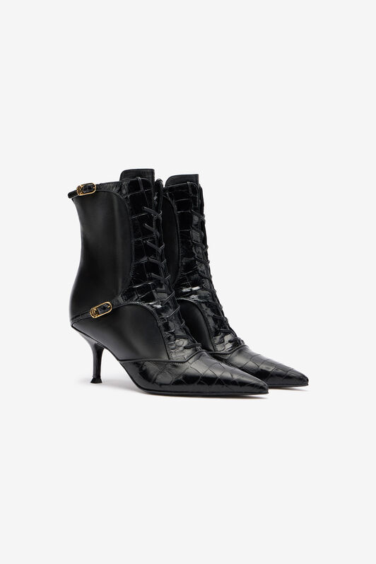 RC Lace-Up Ankle Boots in Crocodile-Effect Black VKS025-PN214
