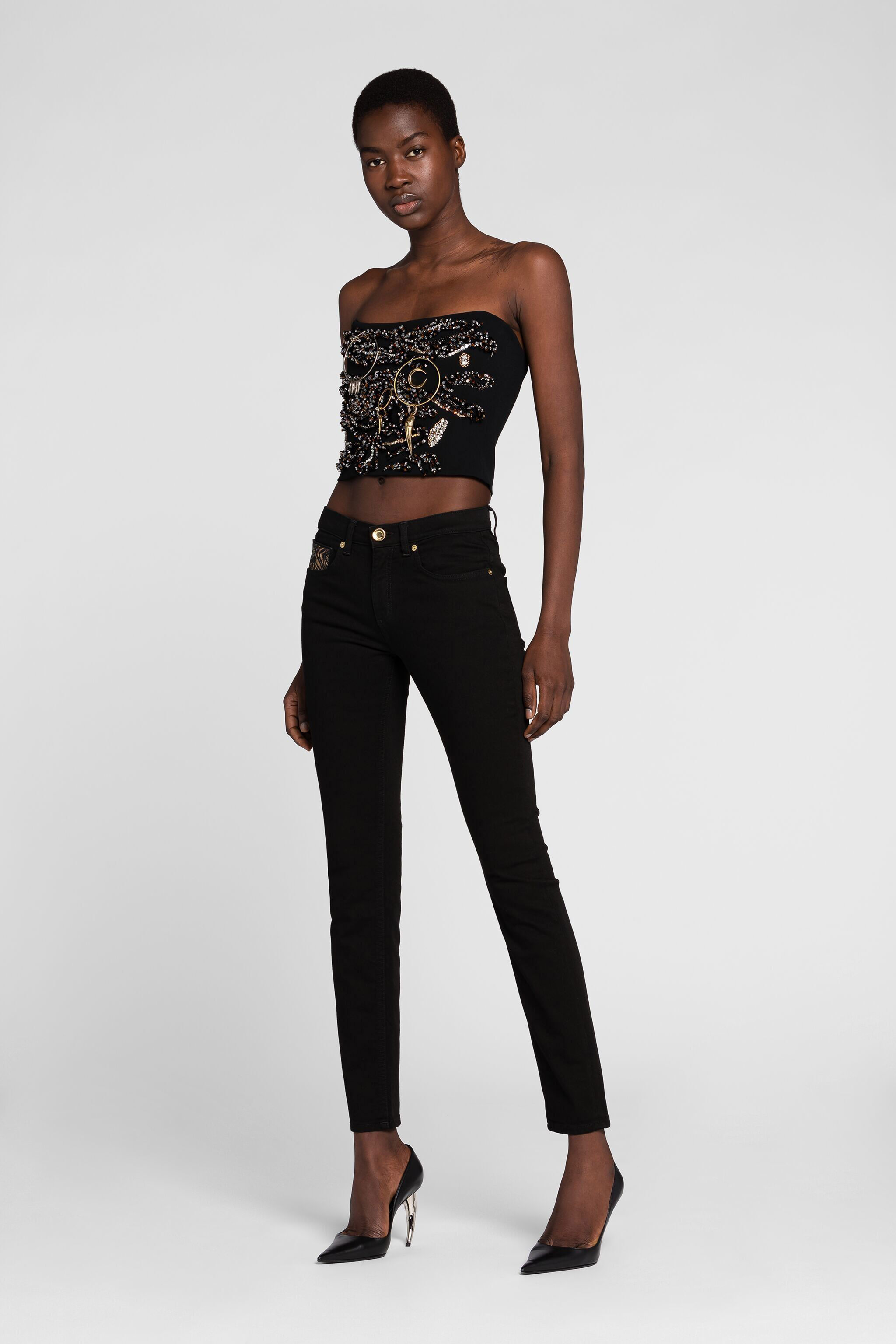 RC Animalier Patchwork-Print Appliqué Slim-Fit Jeans Black NQJ232-DE001