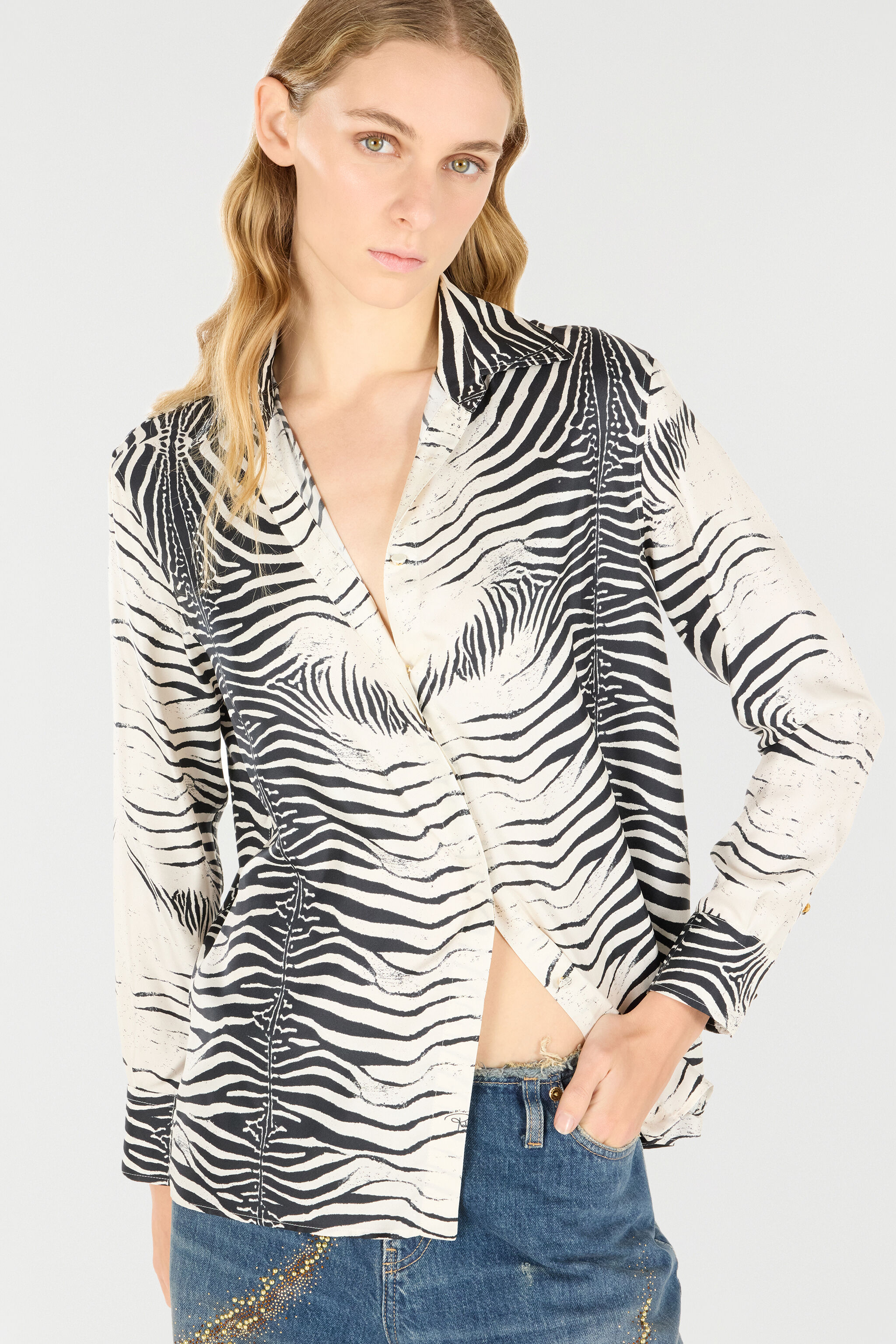 RC Zebra-Print Silk Shirt Black/White UKT704-4QN49