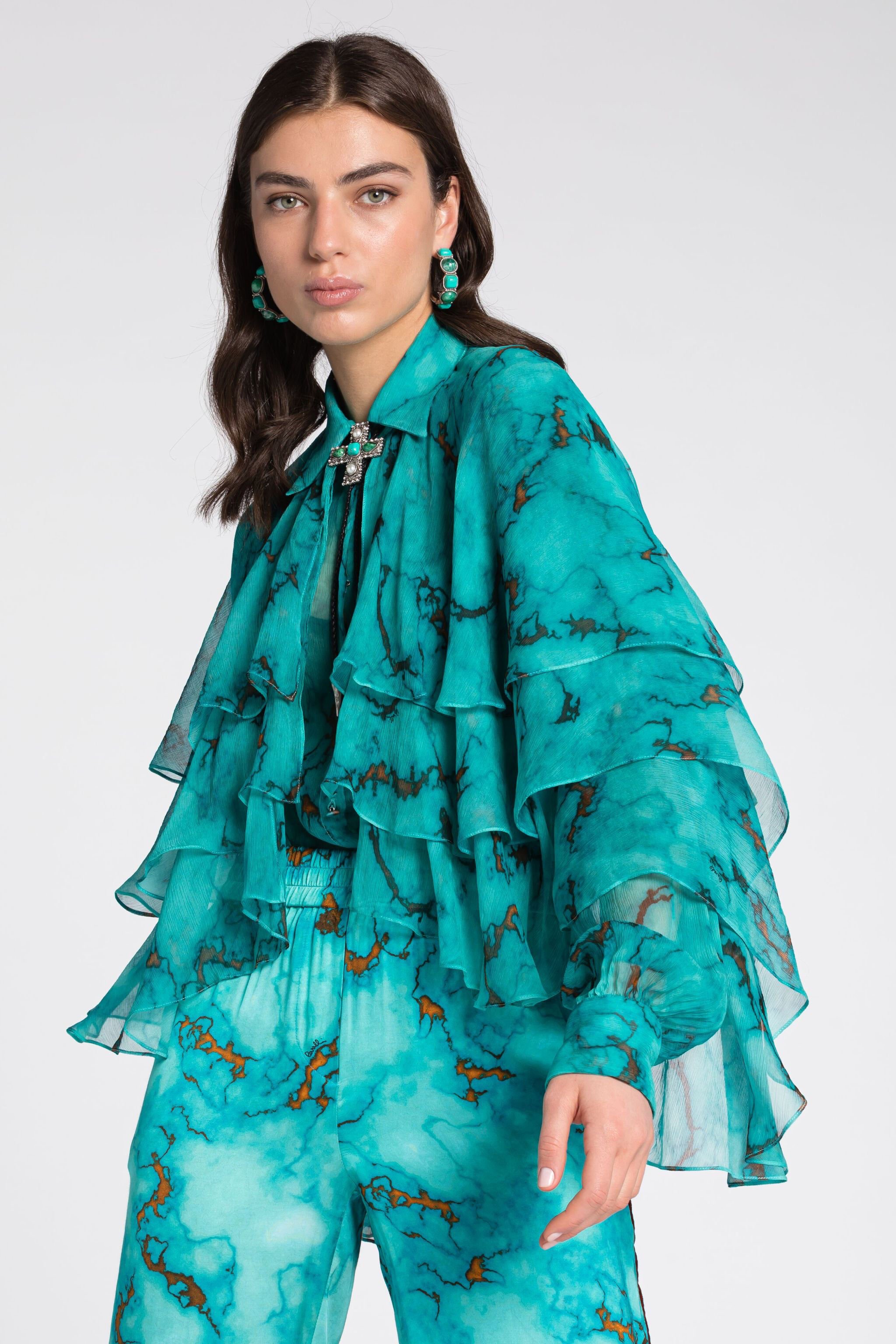 RC Ruffled Marble-Print Top Light blue RKT702-CZH62