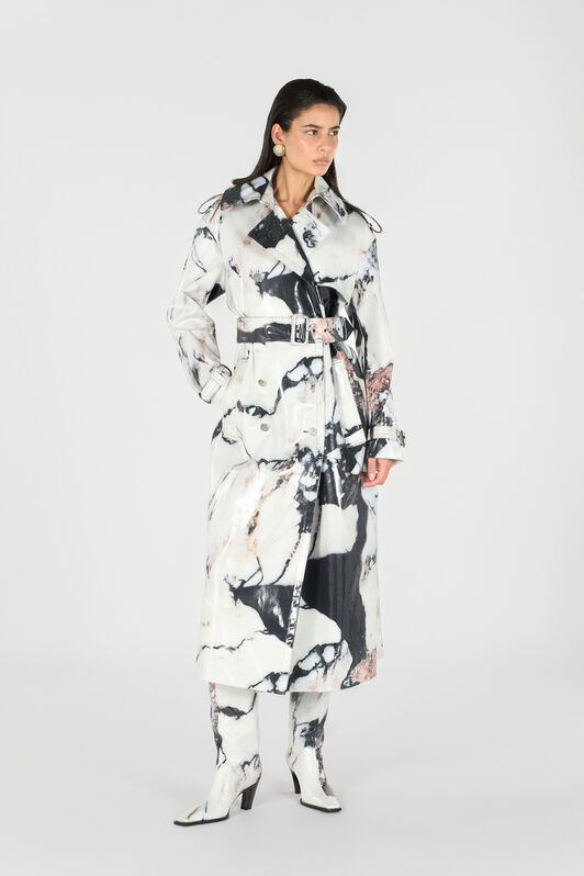 RC Double-breasted trench coat with Marble print Black/White TWT503-KGN18