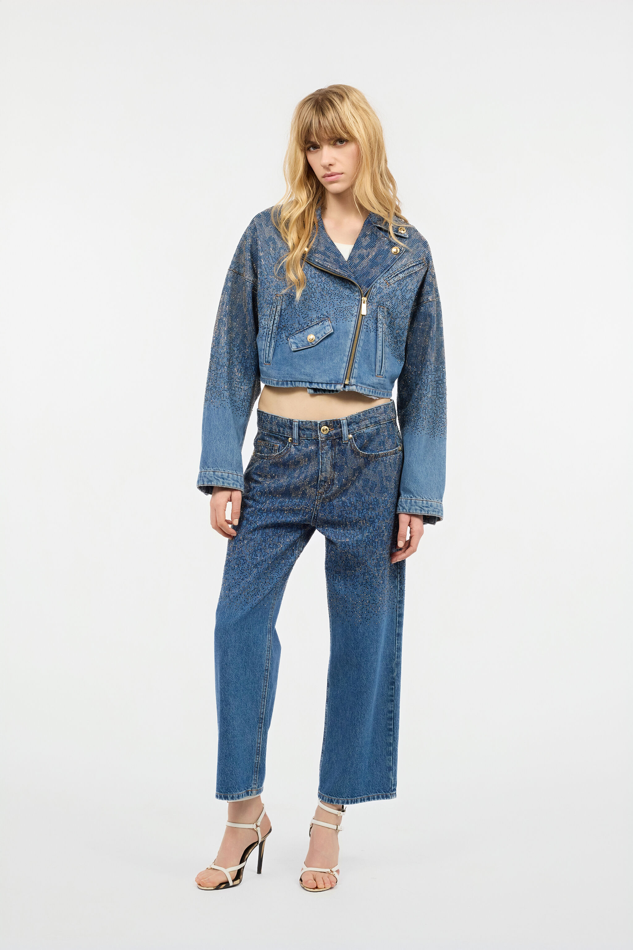 JC Cropped Denim Jacket With Rhinestones Light blue UFT195-UF261
