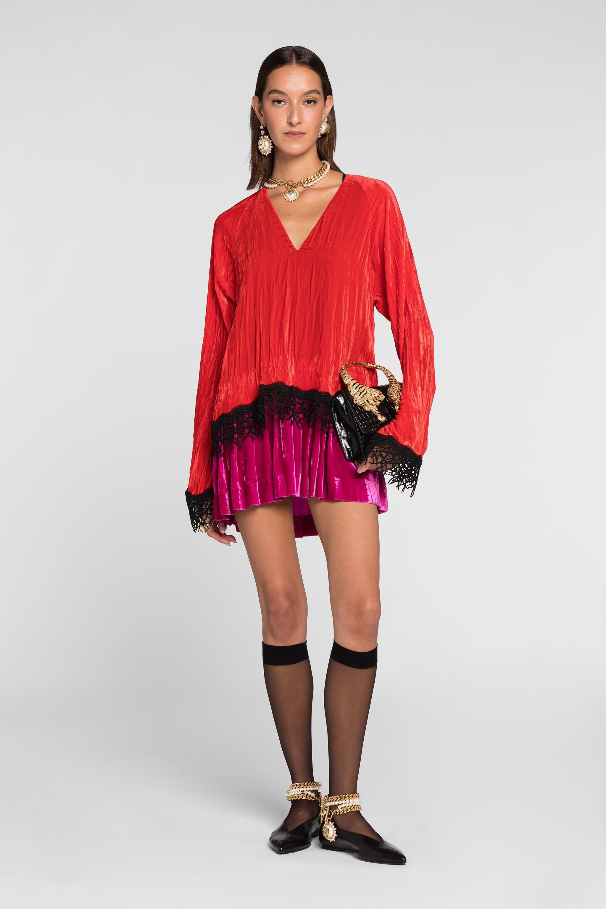 RC Lace-detailed velvet dress Red QKT124-VL067