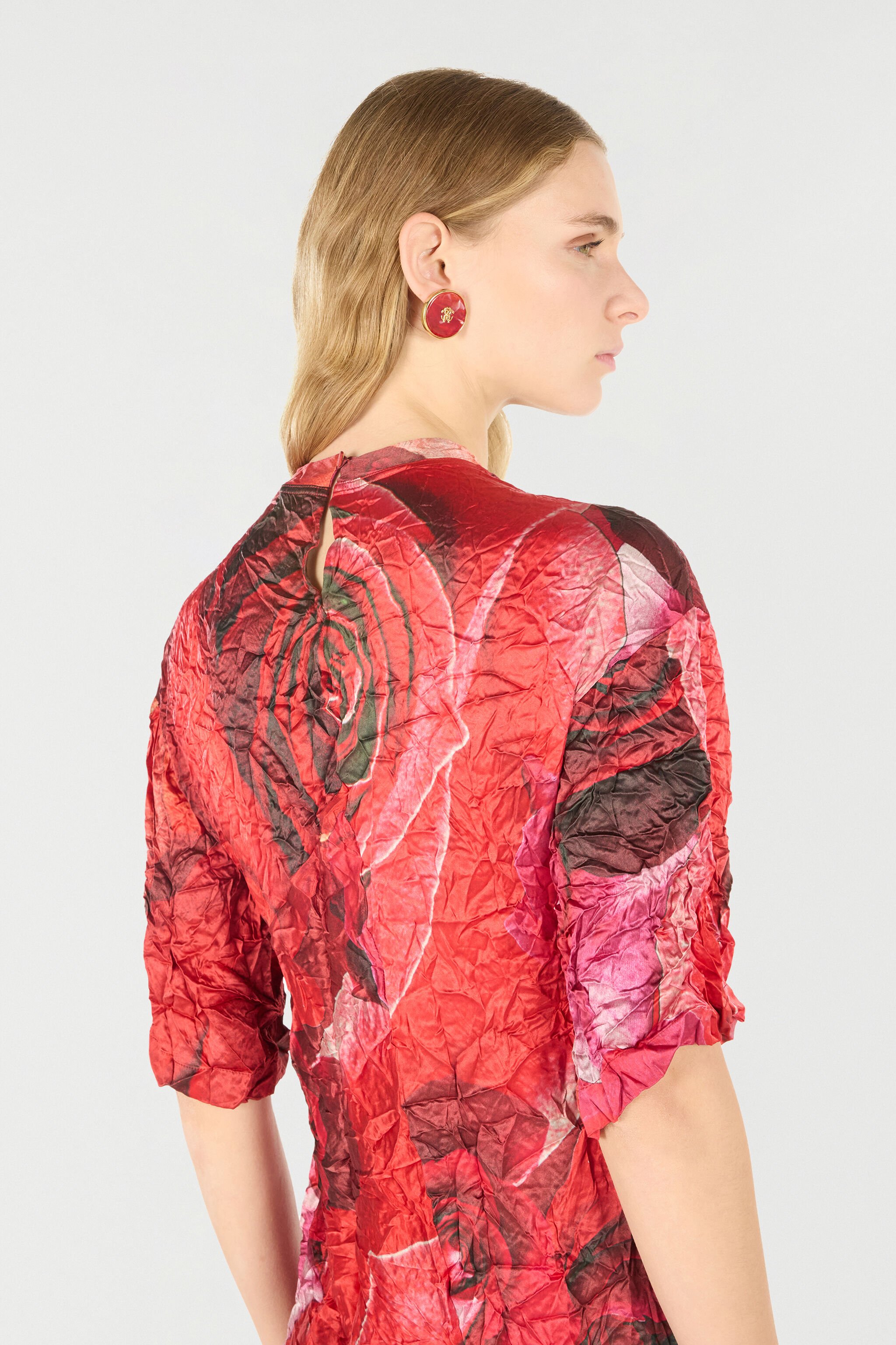 RC Abito Asimmetrico Increspato Stampa Rose Rosso UKT111-RYN48
