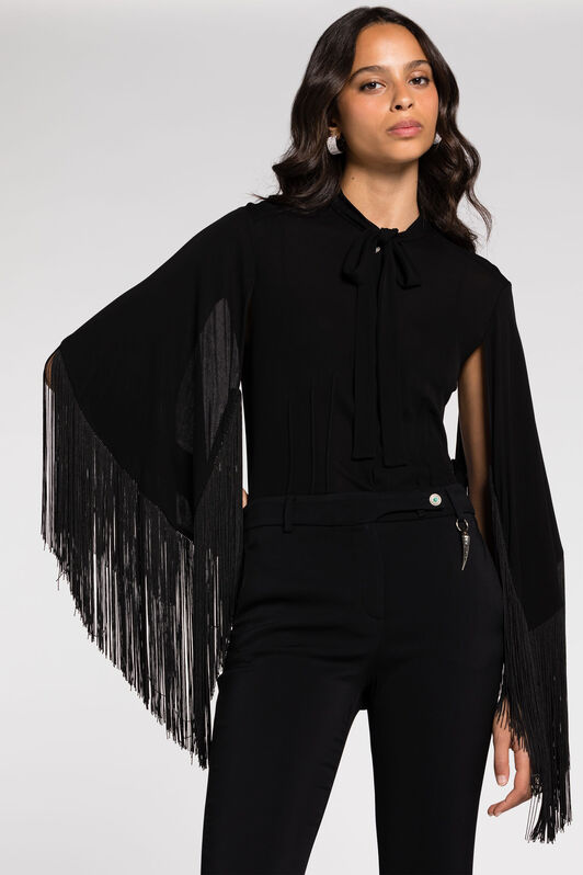 RC Fringe cuffs tie-collar shirt Black RKT701-JJ051