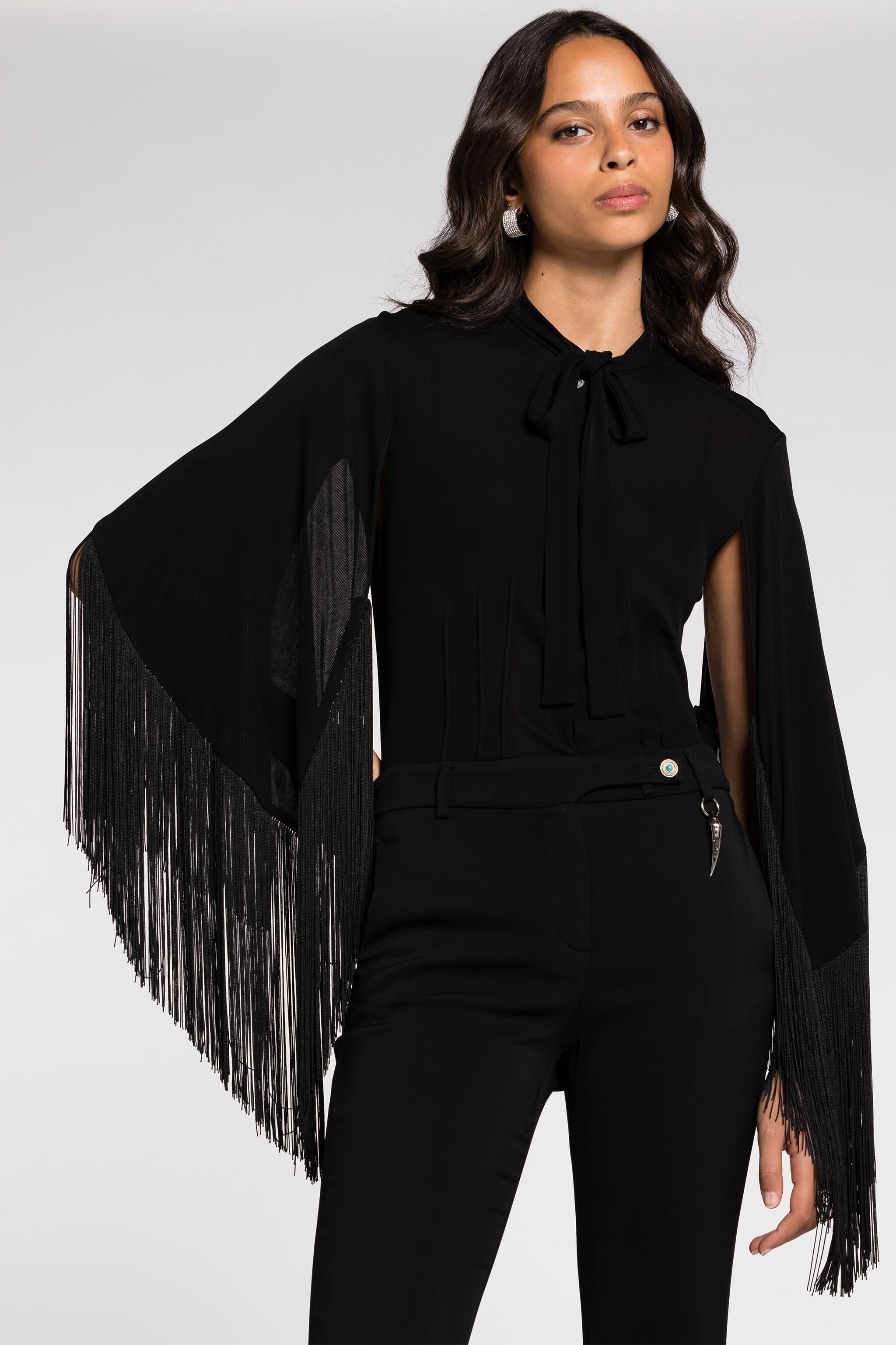 RC Fringe cuffs tie-collar shirt Black RKT701-JJ051