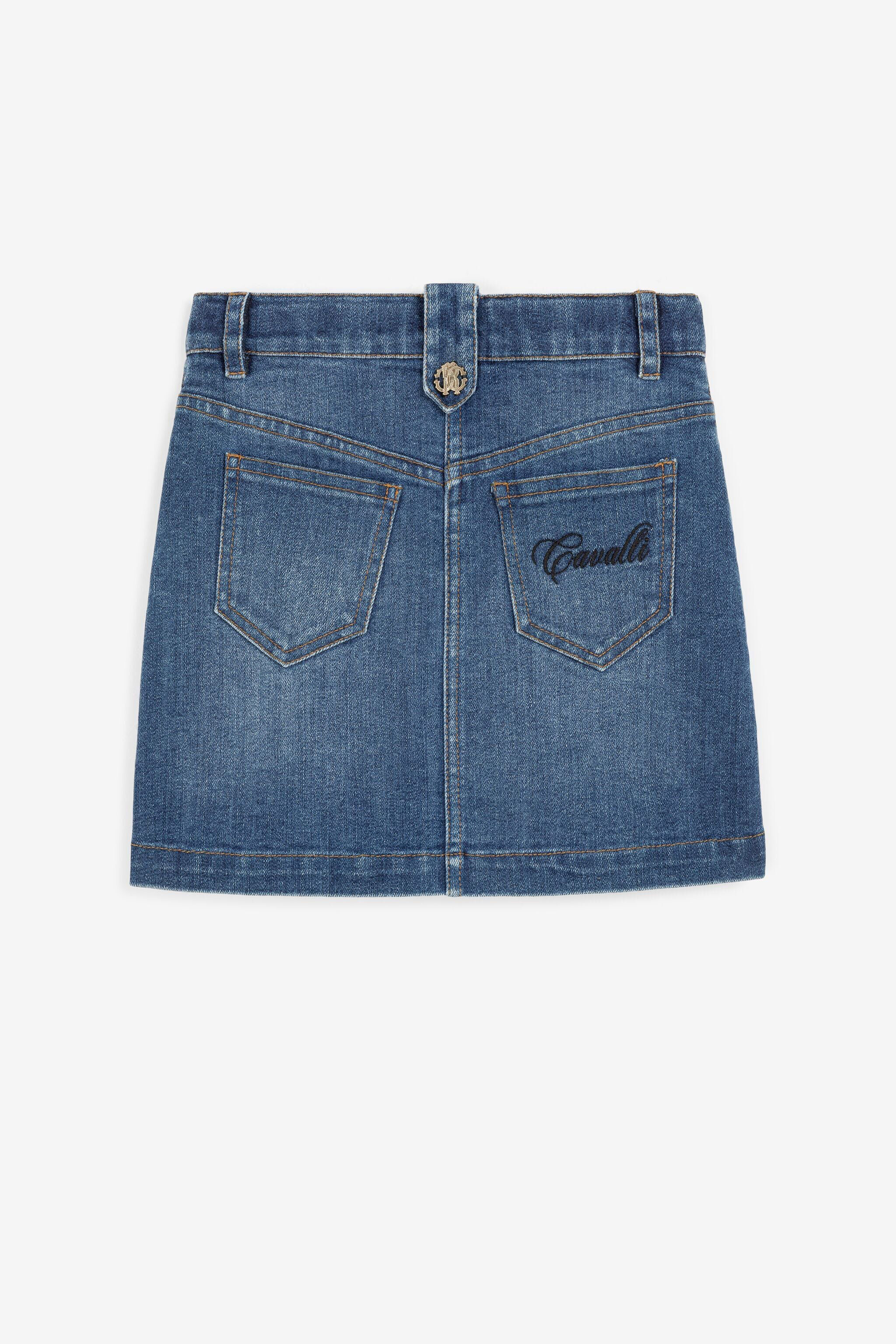 JU Flower-Embroidered Denim Skirt Dark blue QJJ300-DS015