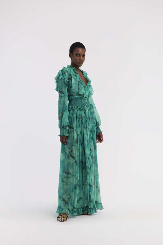 RC Long silk dress with Marble print Light blue RKT108-CZH62