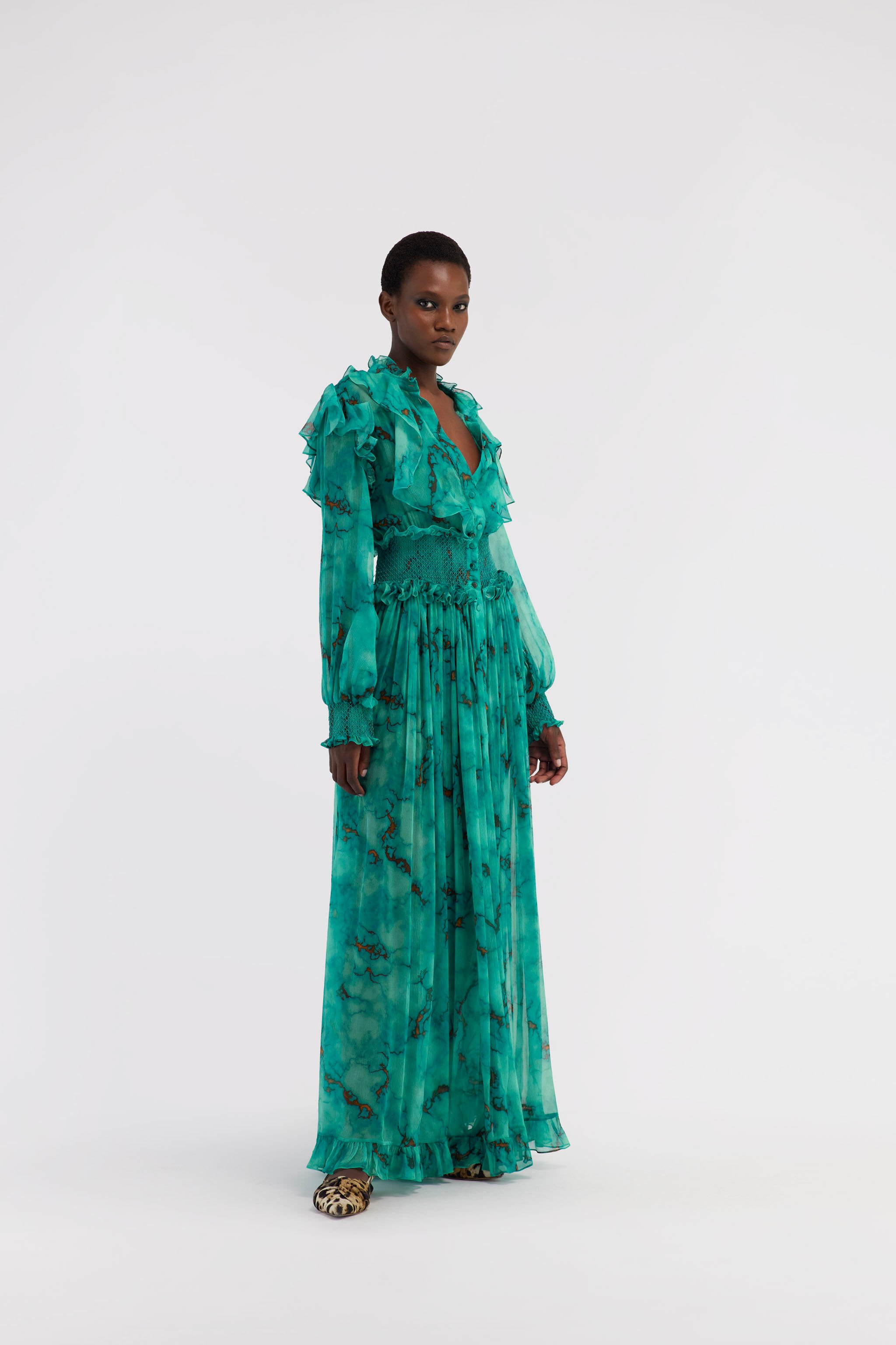 RC Long silk dress with Marble print Light blue RKT108-CZH62
