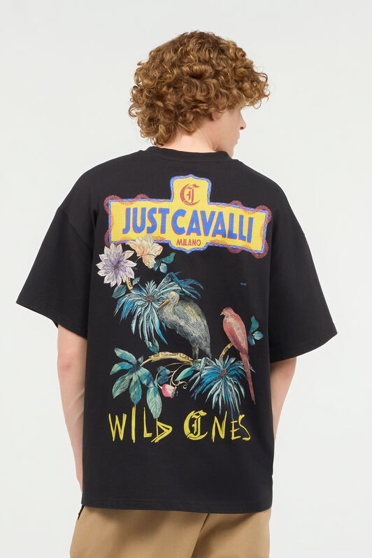 JC T-Shirt With Floral And Tropical Bird Print Black UFT056-UF076