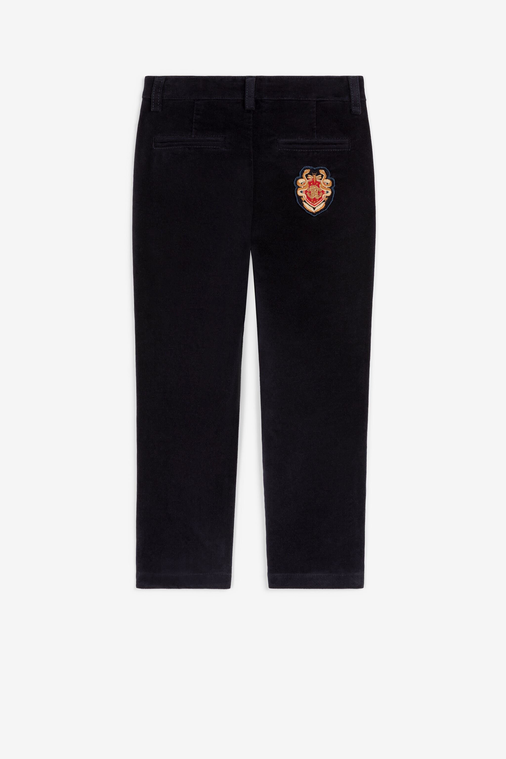 JU RC Monogram Crest-Appliqué Velvet Trousers Dark blue PJT233-FA001