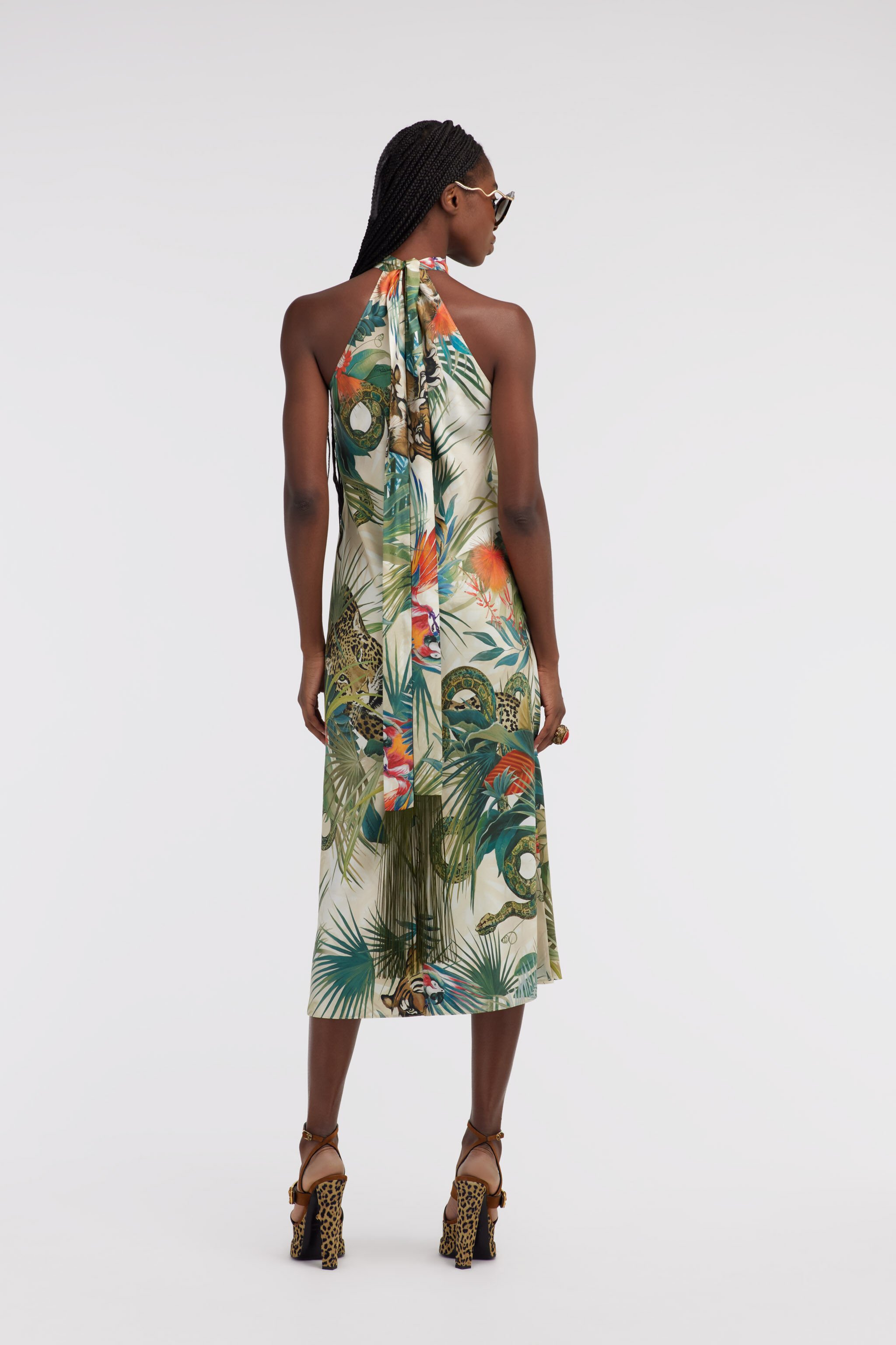 RC Jungle Print Silk Midi Dress Halter Neck Green SKT129-4QI88