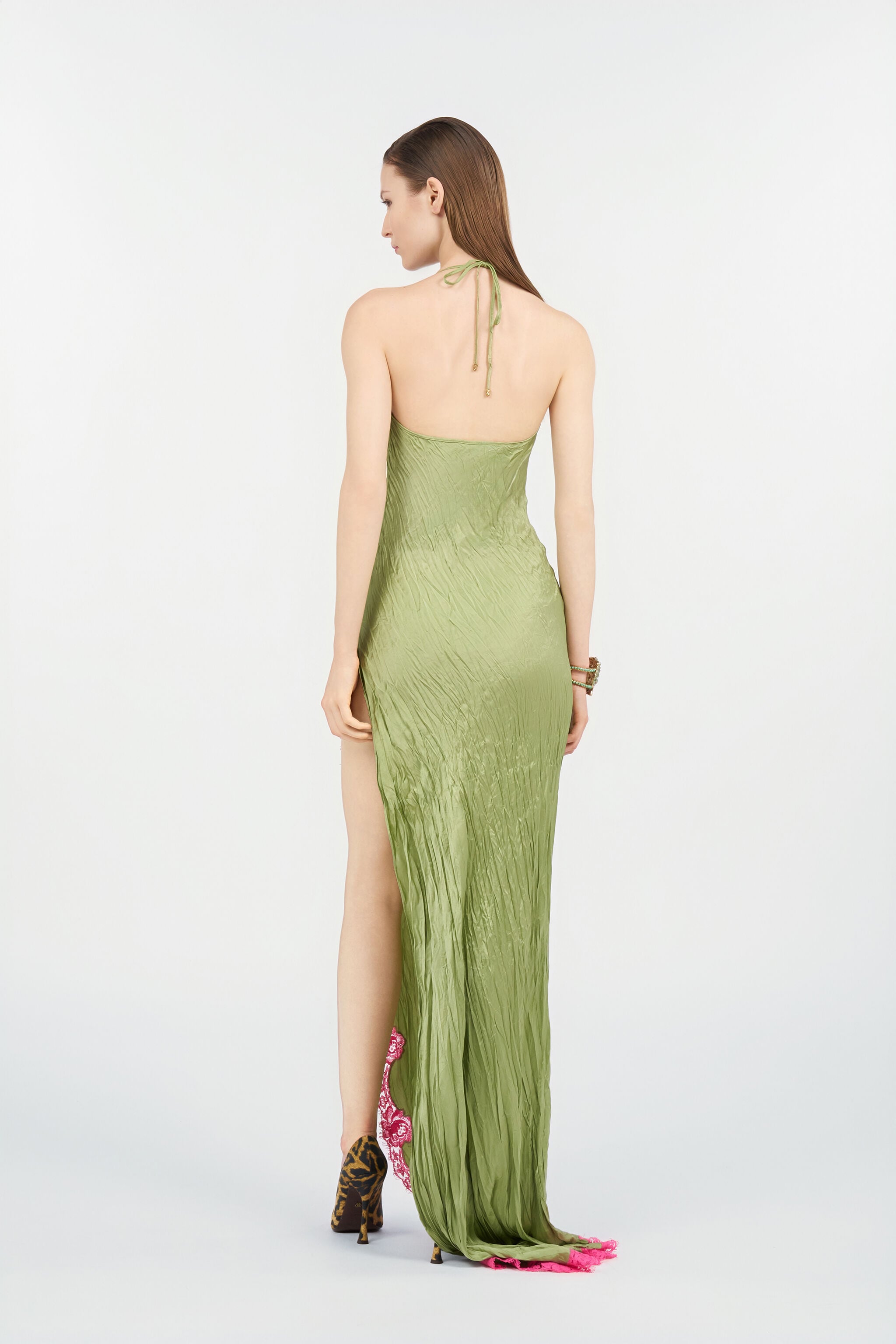 Long Silk Dress with Lace Detail in LIGHT GREEN for Women
