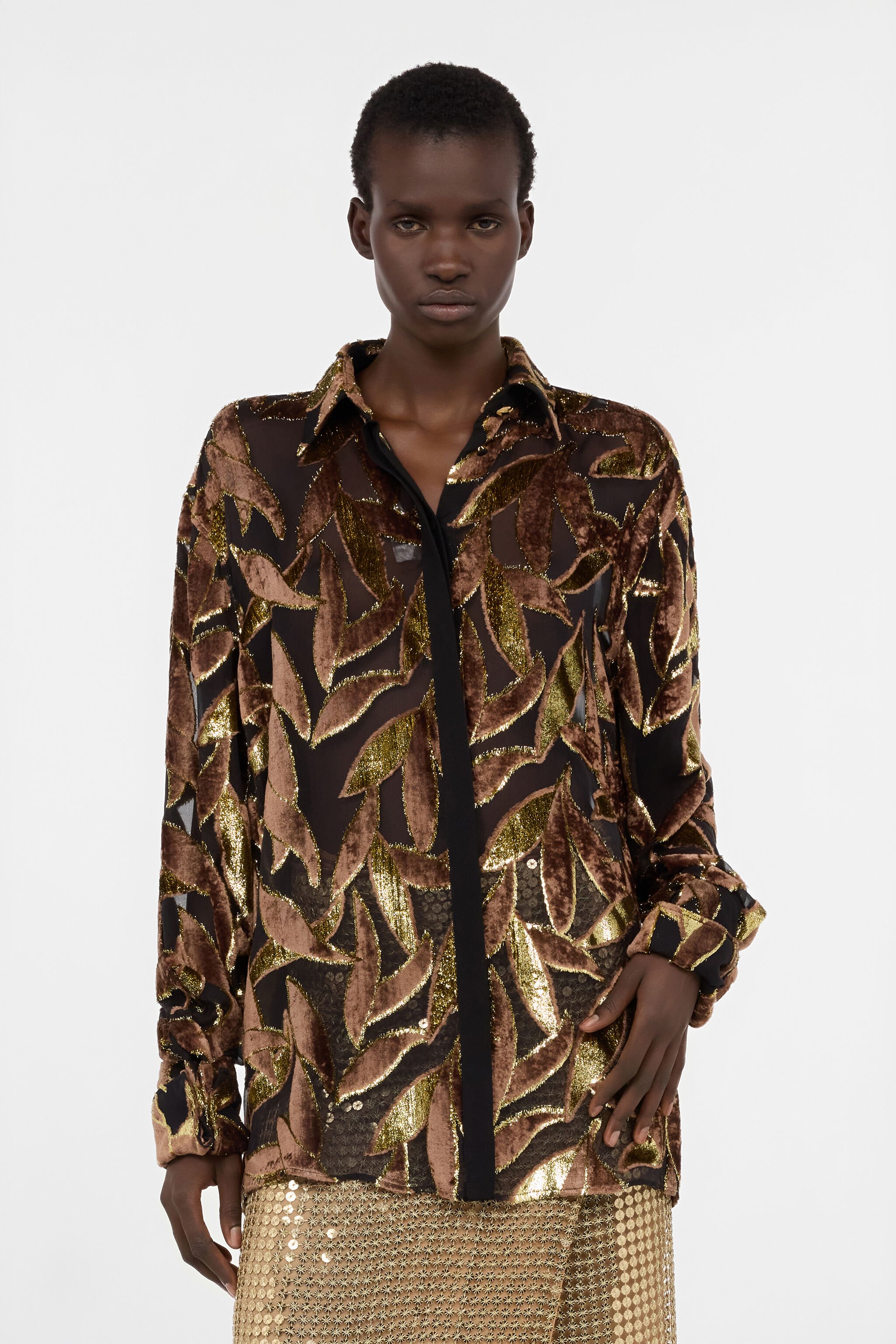 RC Chocolate Sheer Shirt with Foliage Motif CHOCOLATE WWT700-FC007