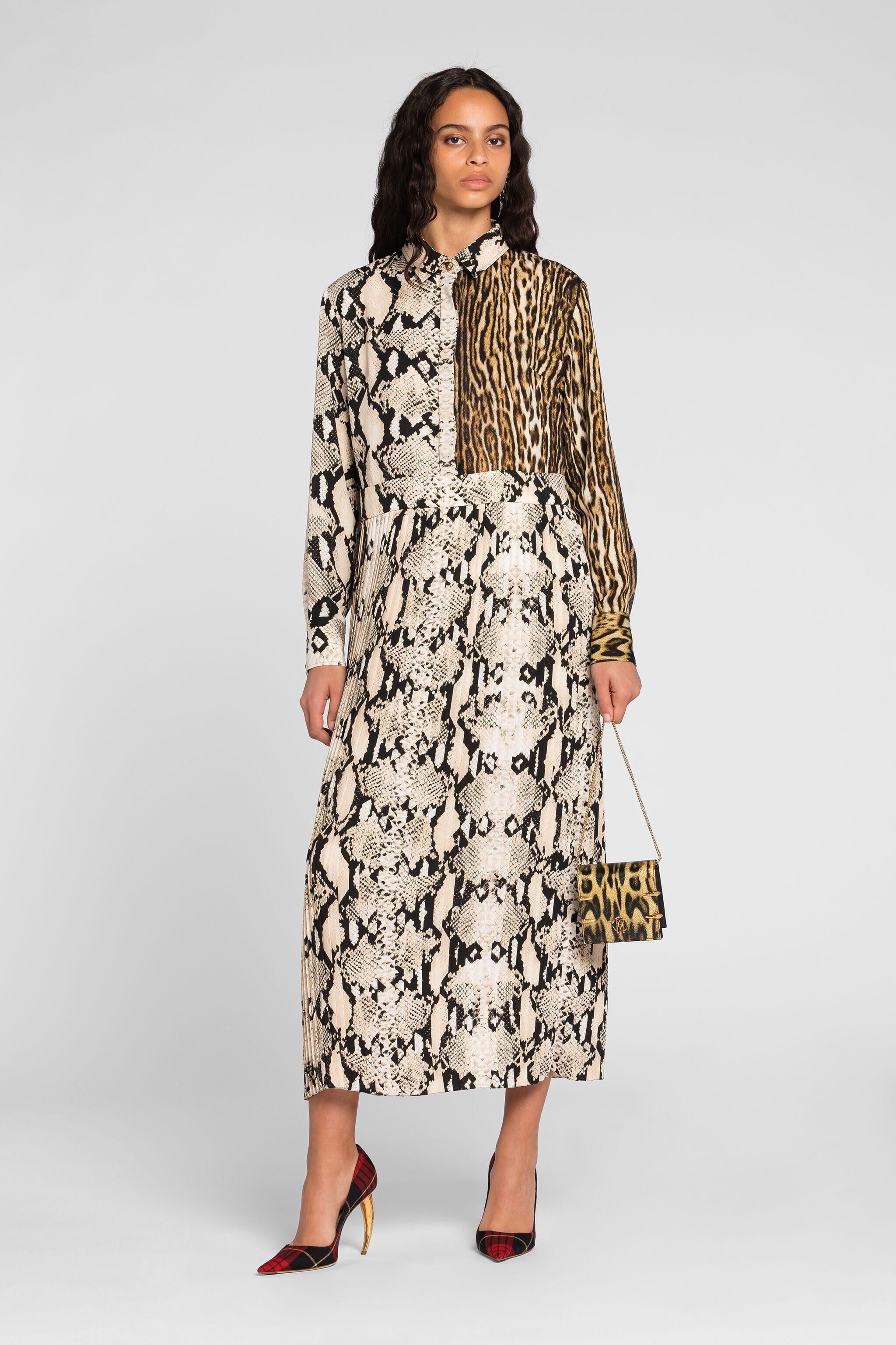 Python And Ocelot Print Shirt Dress in Light brown for Women Roberto Cavalli