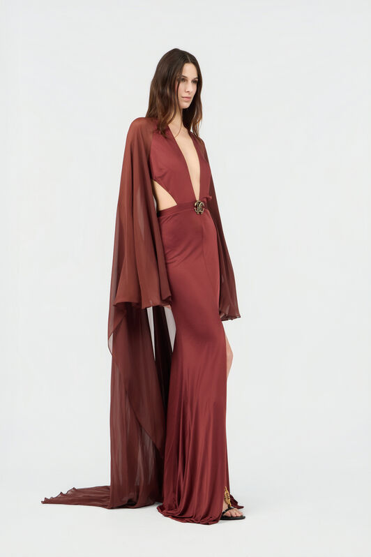 RC Burgundy Silk Maxi Dress 99999 SKT122-JJ036
