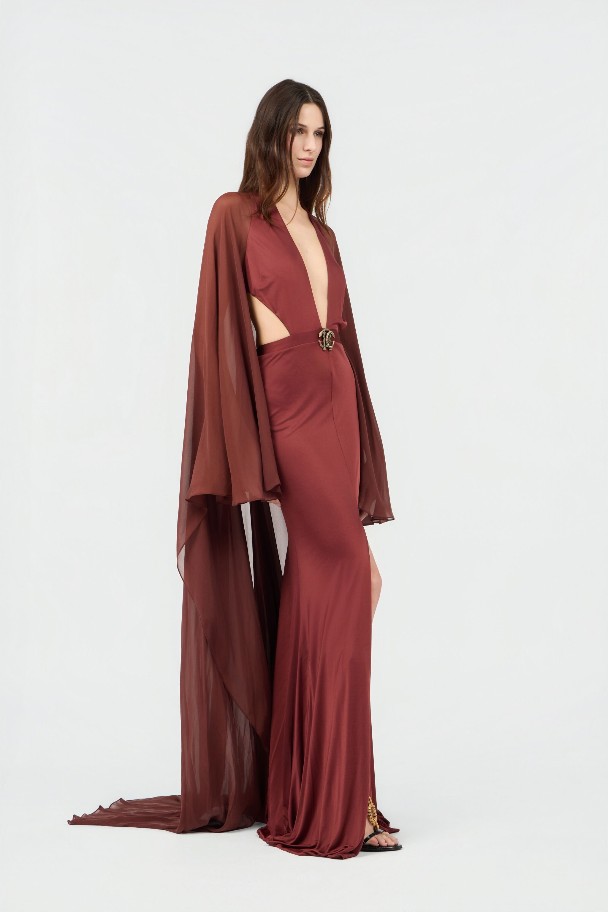 RC Burgundy Silk Maxi Dress 99999 SKT122-JJ036