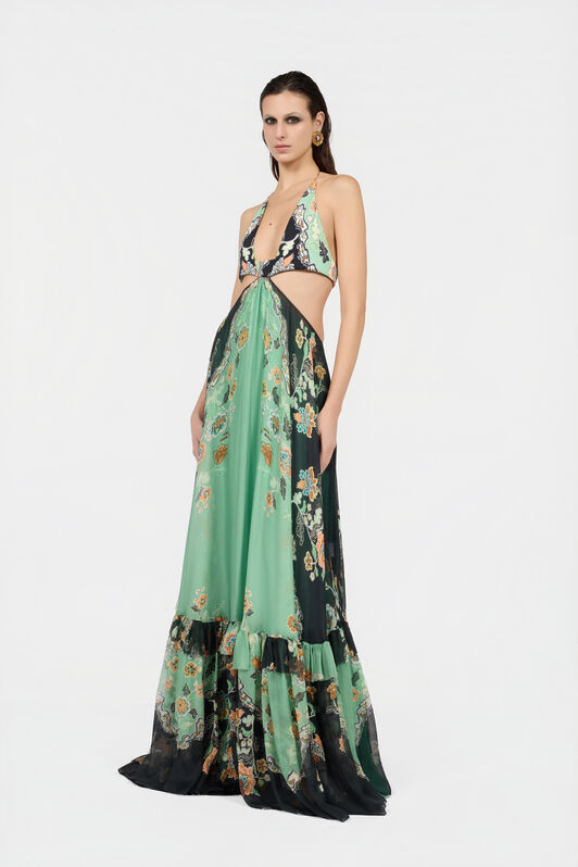 RC Kimono Print Silk Maxi Dress GREEN/BLACK XQT127-CKT25