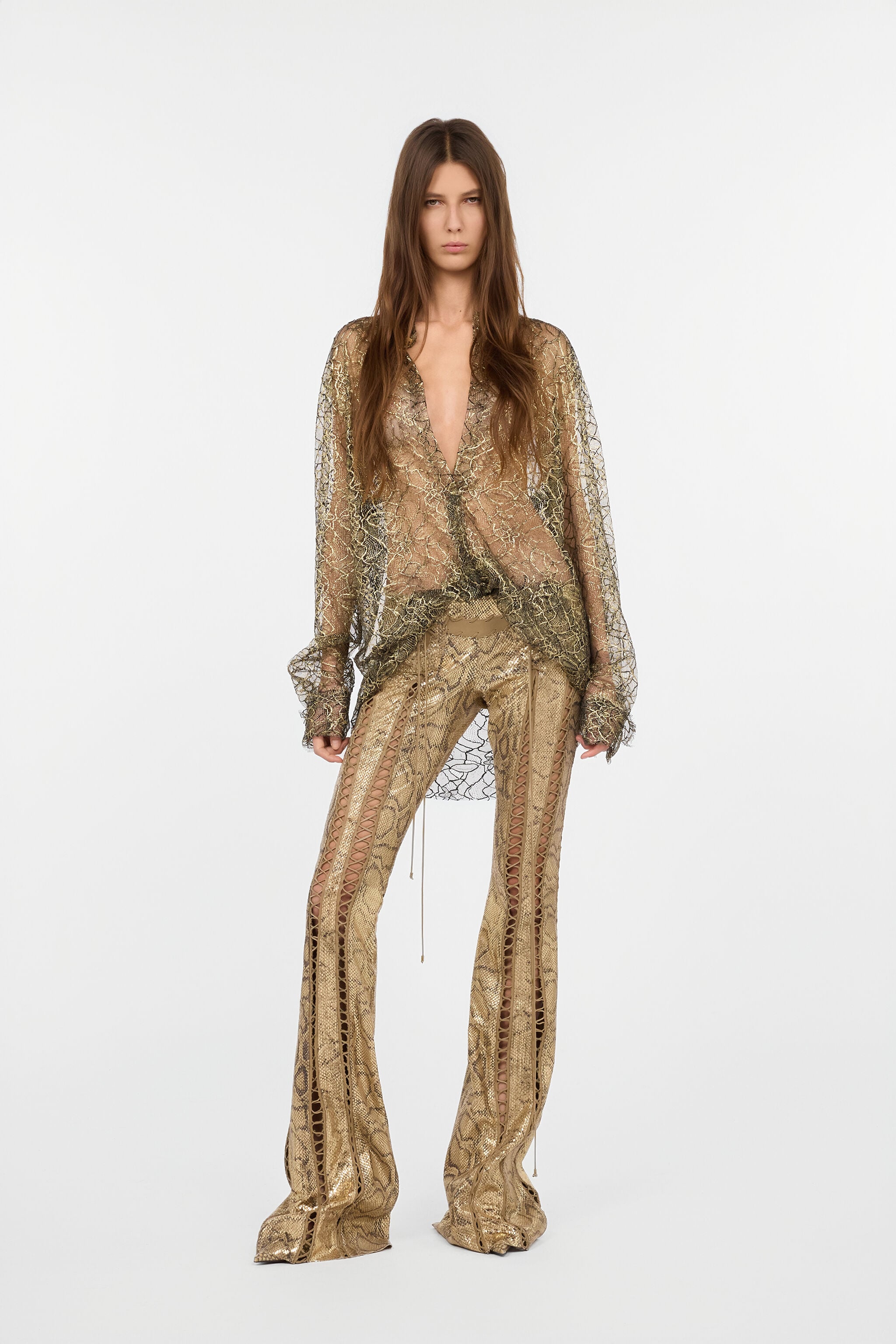 Gold Leather Pants with Python Print and Cut-Out Details in GOLD