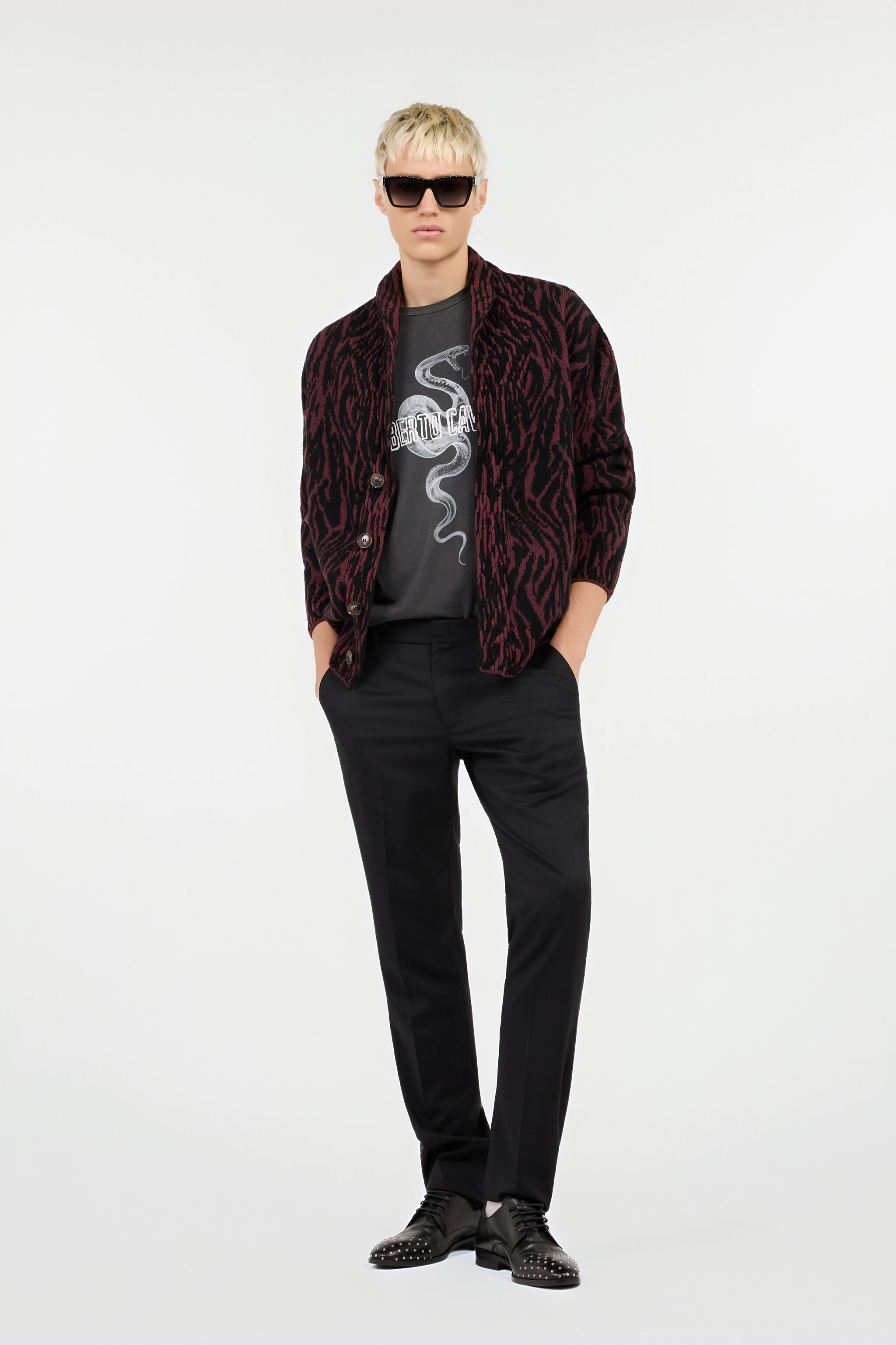 Animalier Print Wool Blend Cardigan in RED/BLACK for Men | Roberto