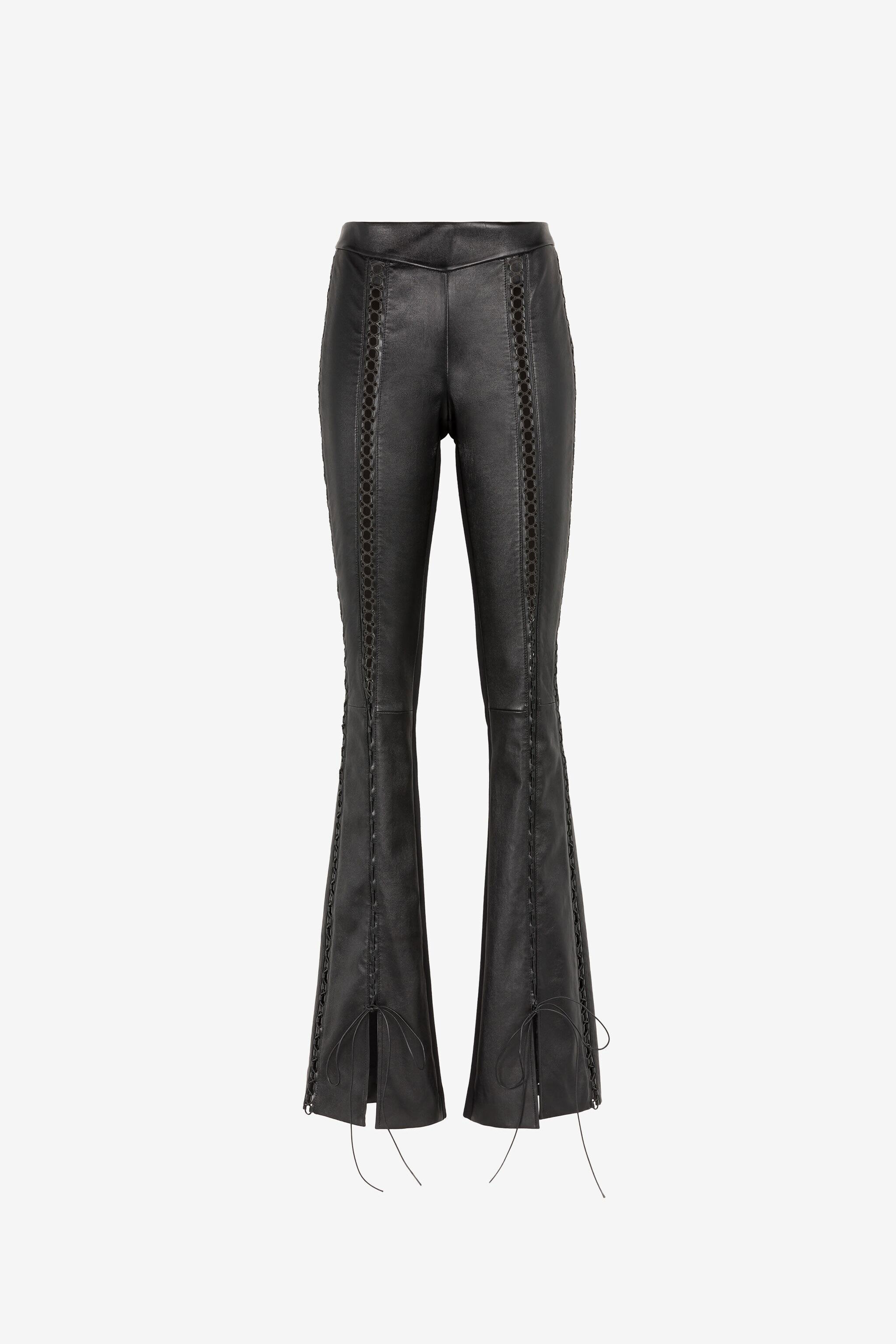 Lace-Up Flared Leather Trousers in Black for Women | Roberto Cavalli®