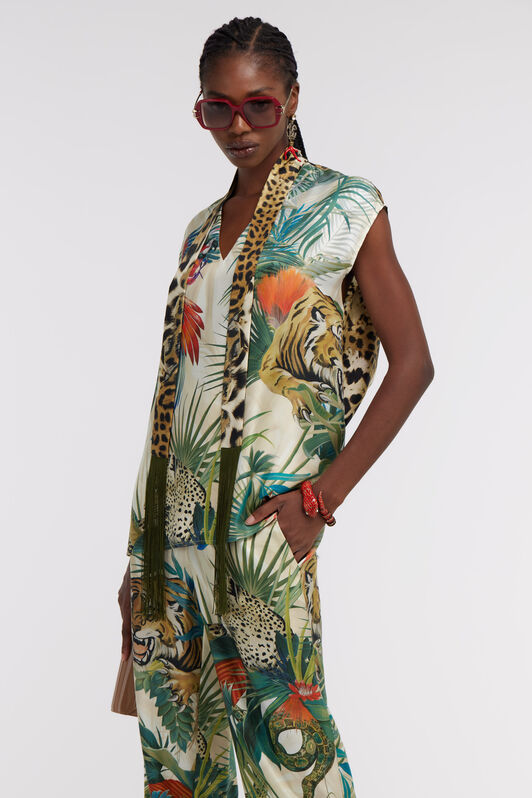 RC Jungle Print Silk Top With Scarf Detail Green SKT604-4QI88