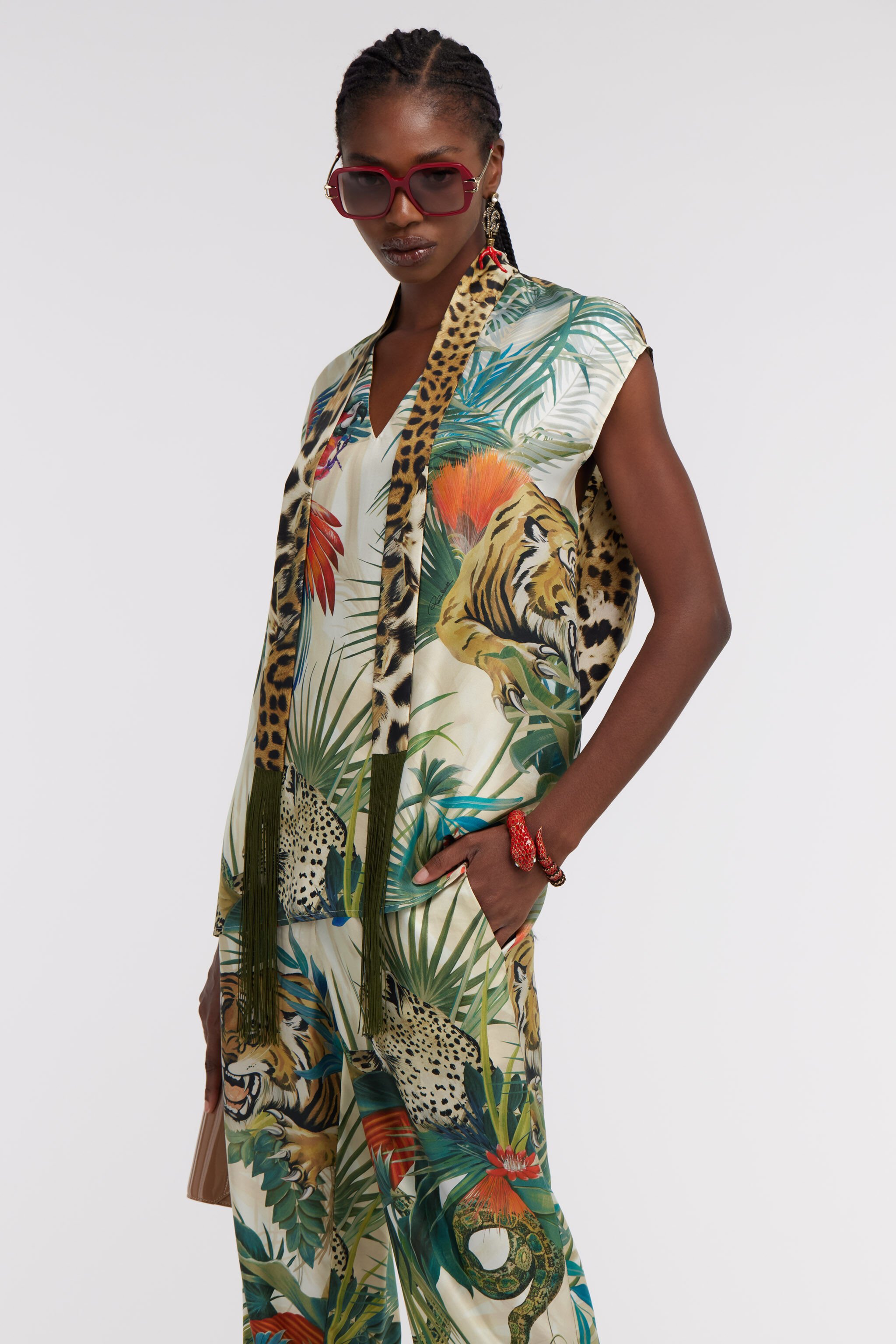 RC Jungle Print Silk Top With Scarf Detail Green SKT604-4QI88