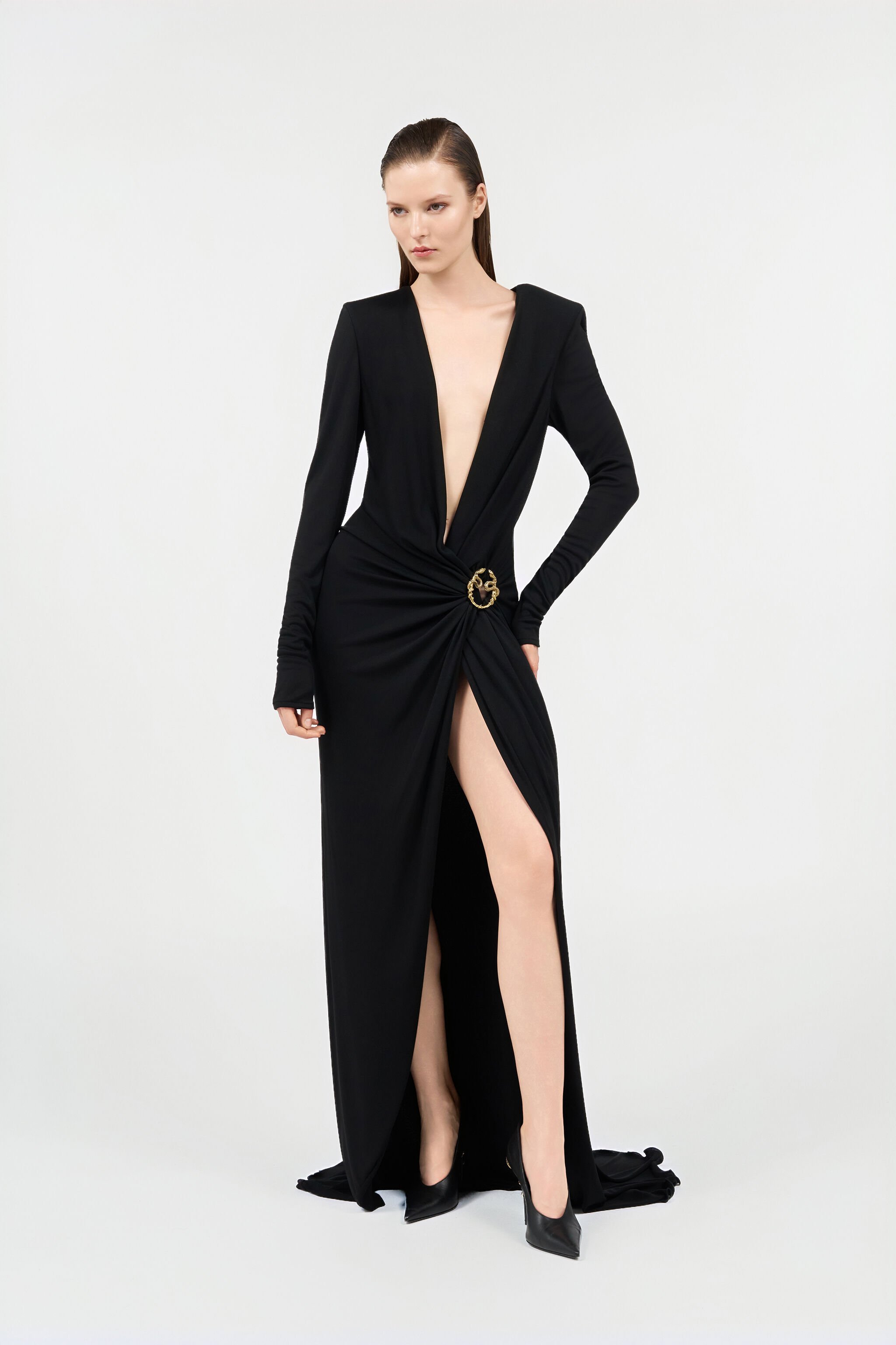 RC Draped Long Dress with Snake Detail BLACK WKT127-JE034