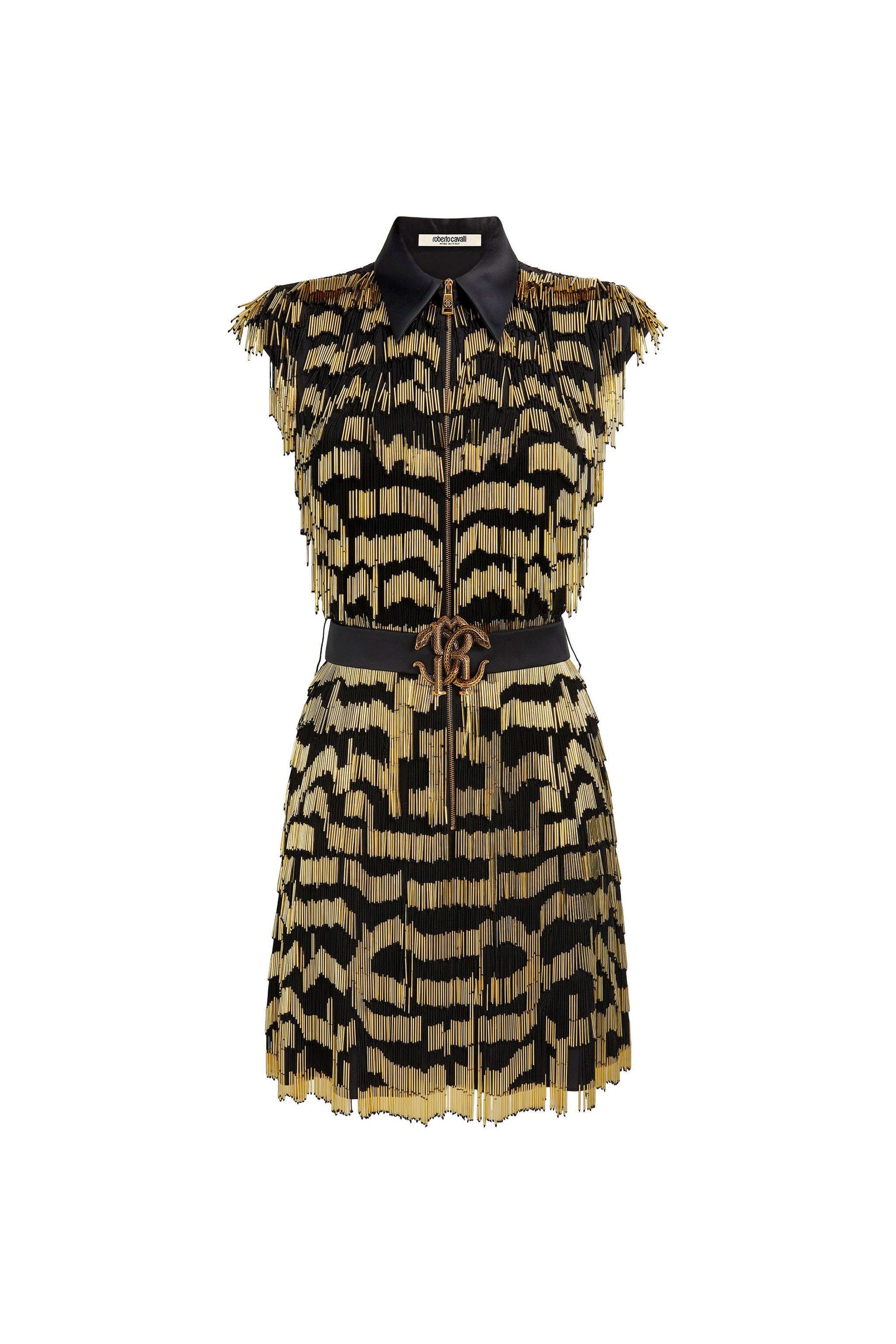 RC Beaded fringe mirror snake dress Black/Gold MQR132-SY001