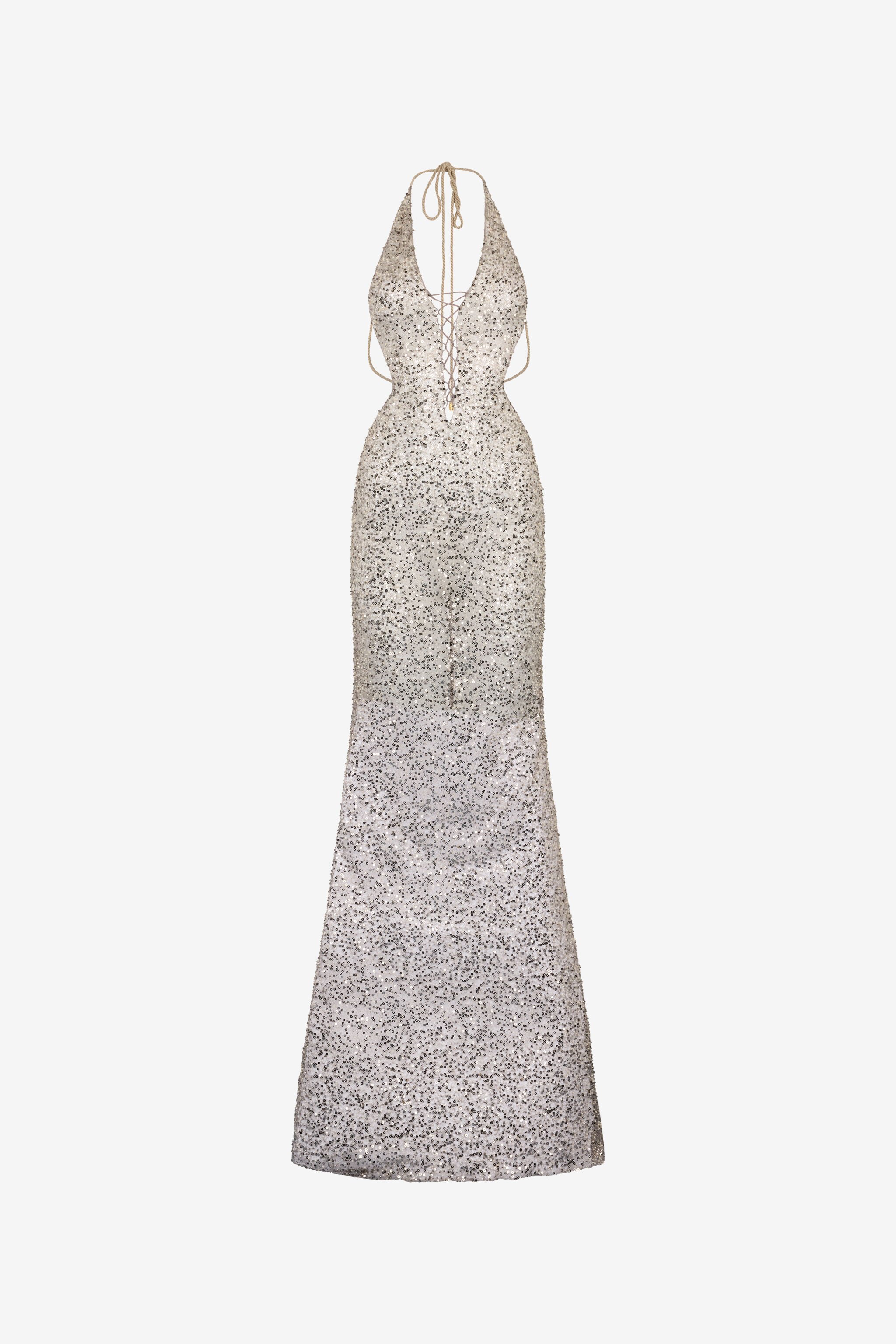 RC Robe Longue à Paillettes et Col Halter Argent UWR146-FY038