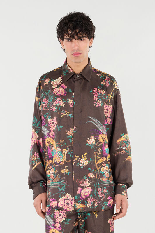 RC Silk Shirt with Flower and Pheasant Print Marrón VRT721-OZP76