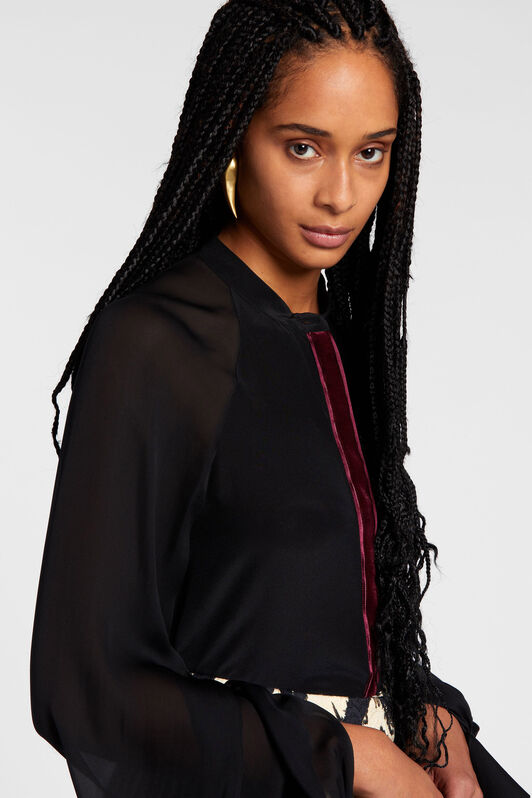 RC Velvet-Trimmed Silk Top Black OKT700-SY001