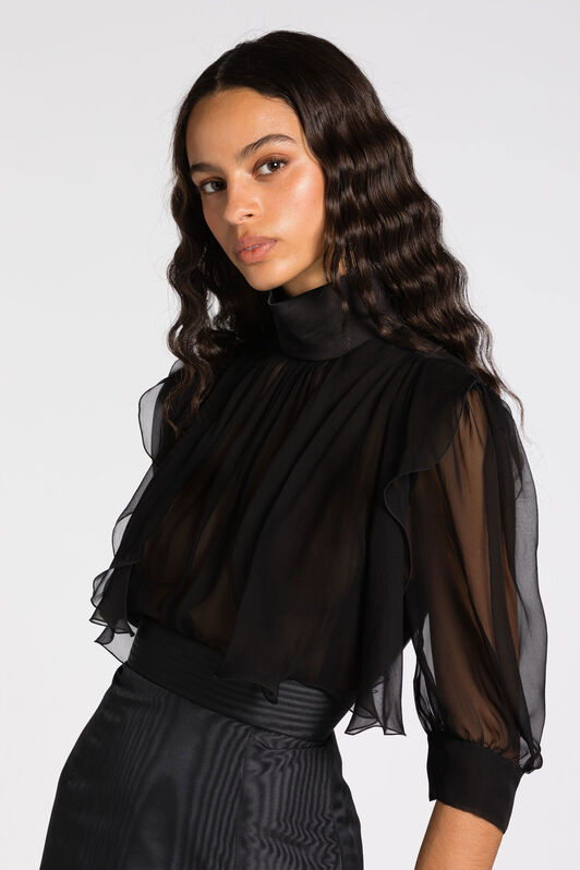 RC Blouse en soie froncée Noir QWT701-CC001