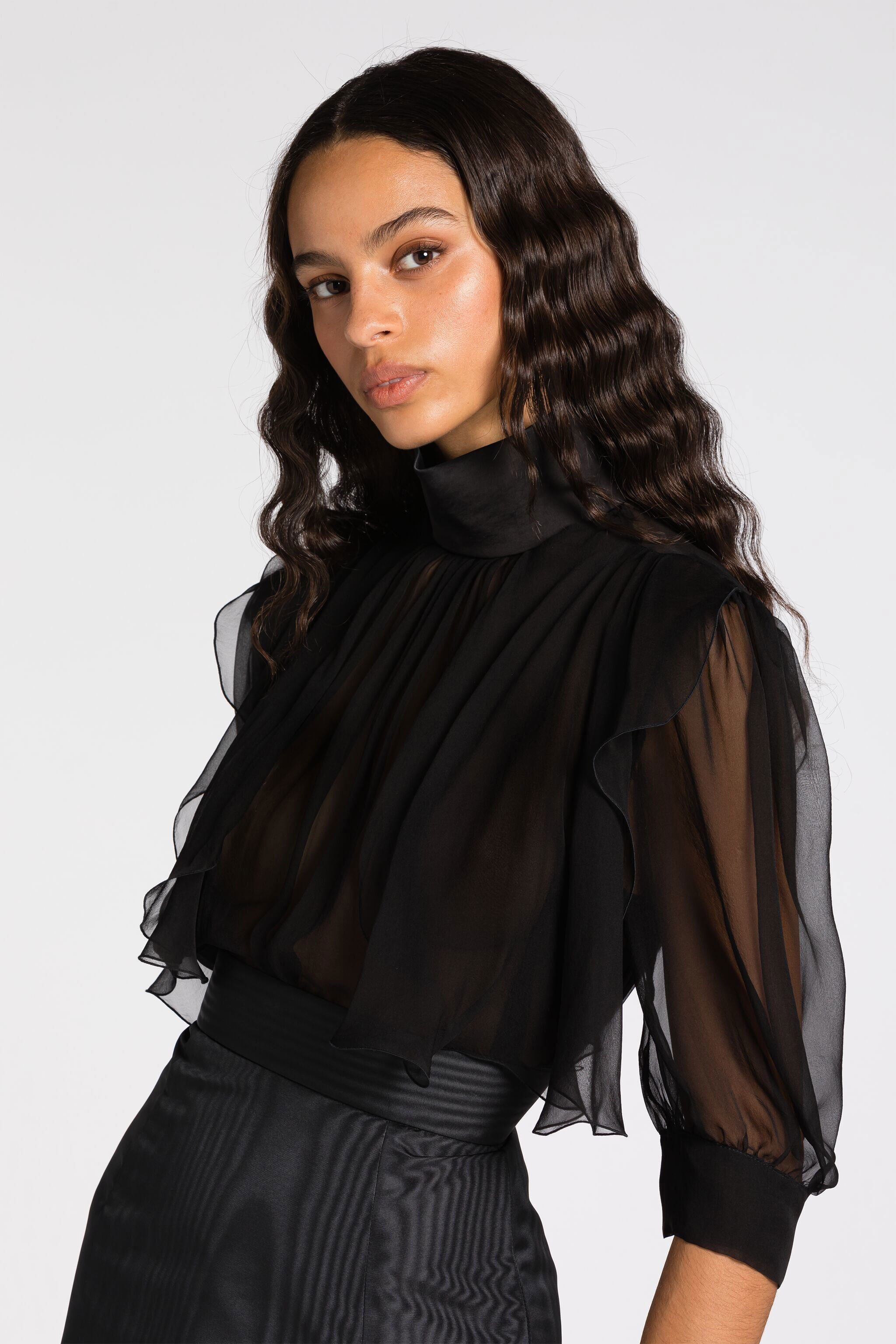 RC Blouse en soie froncée Noir QWT701-CC001