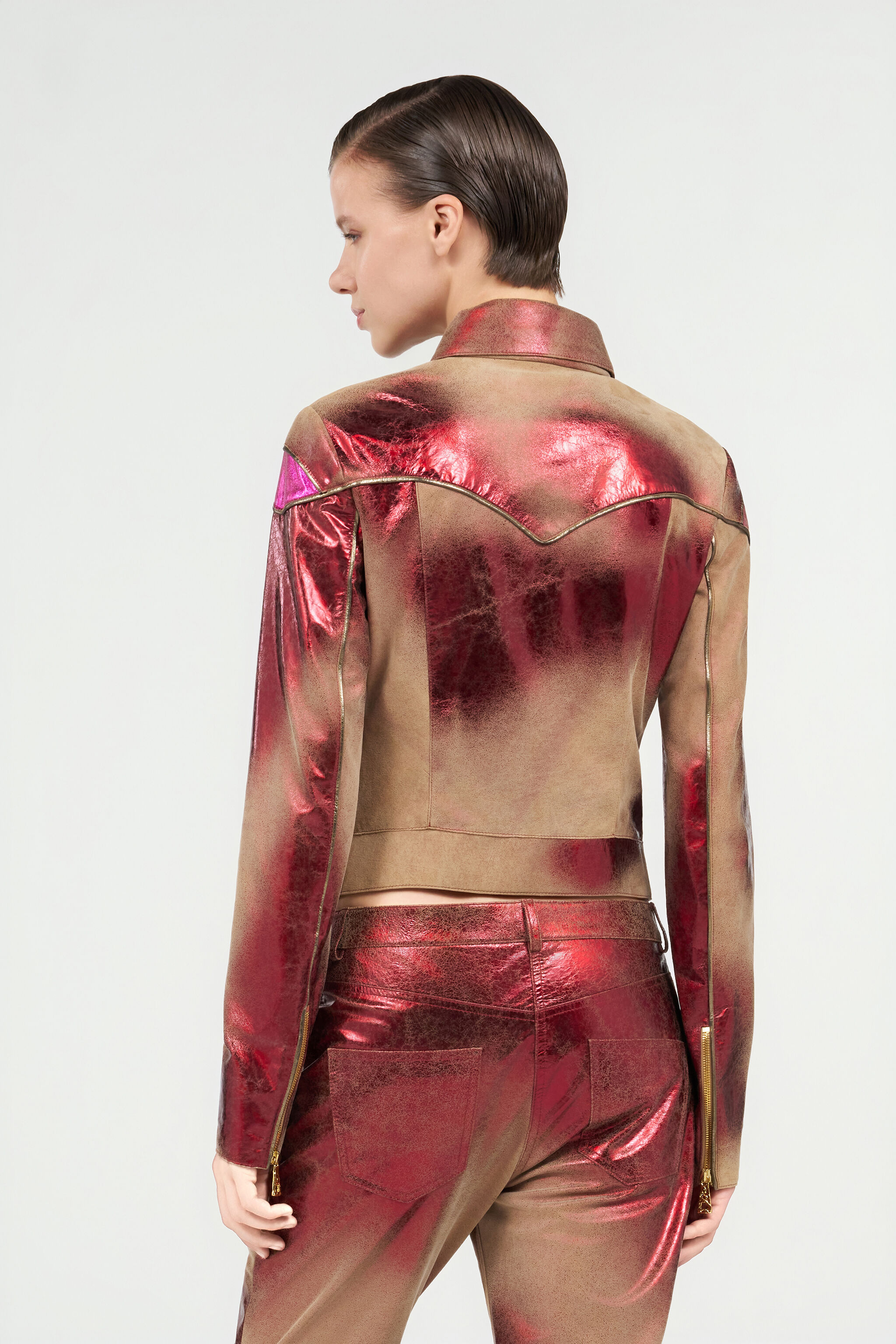 Metallic Leather Jacket in ROSSO/FUXIA for Women | Roberto Cavalli®