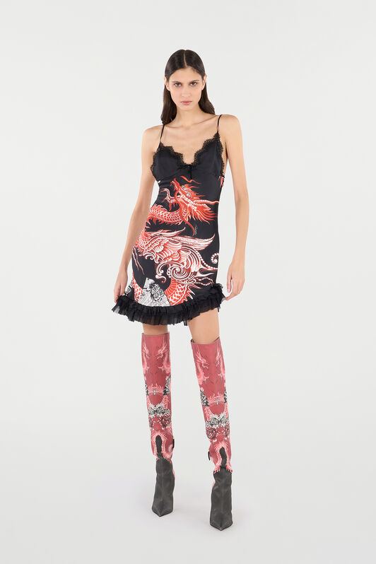 RC Silk Mini Dress with Dragon and Ruffles Black/Red VQT118-OZP75