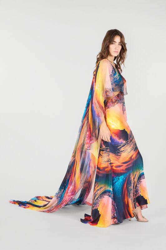RC Langes Kleid mit Itaca-Print und Cape Blau/Orange UWT108-RYN98