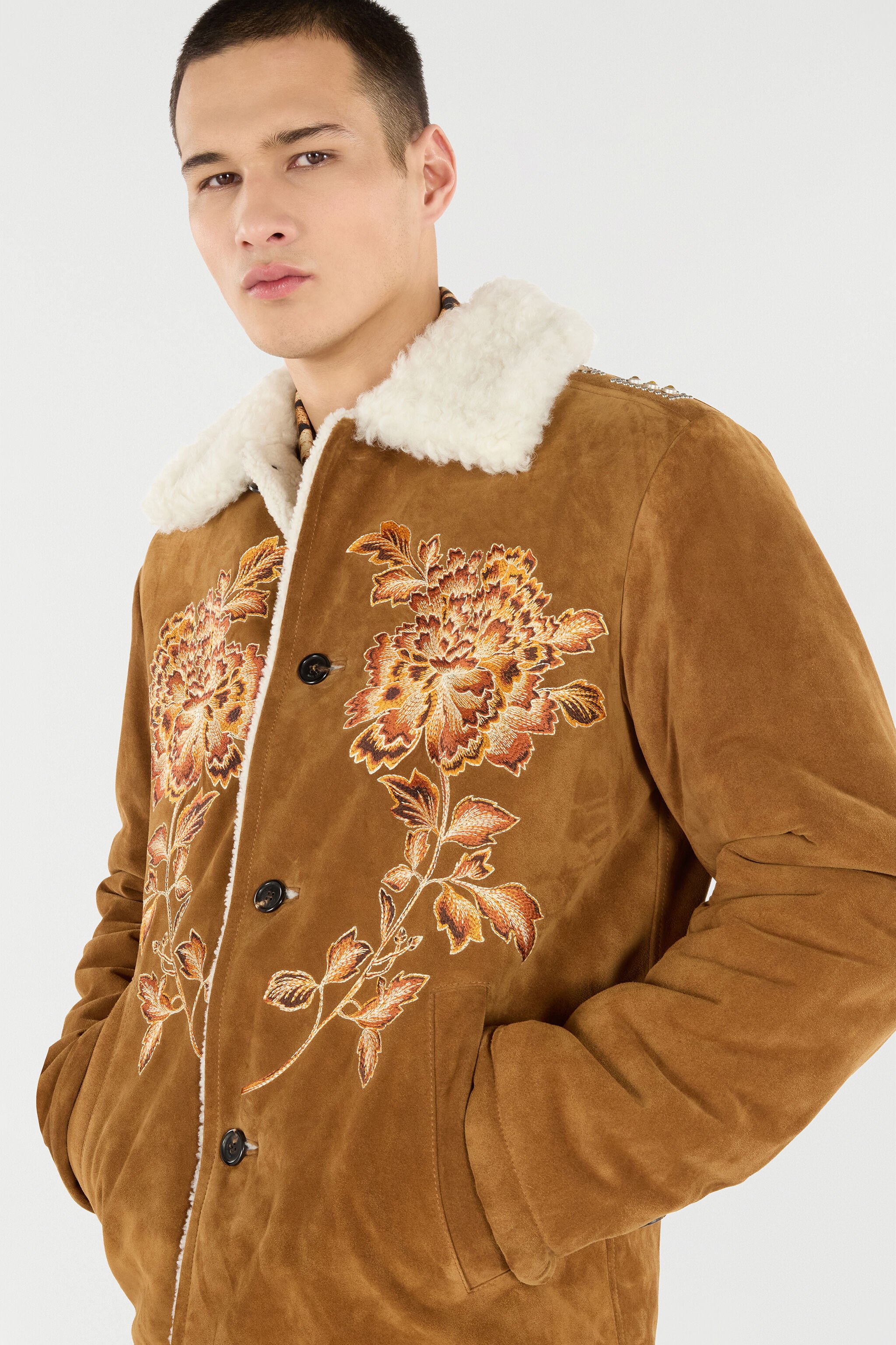 RC Suede Leather Jacket with Flowers and Tigers Brown VRP461-PJ007