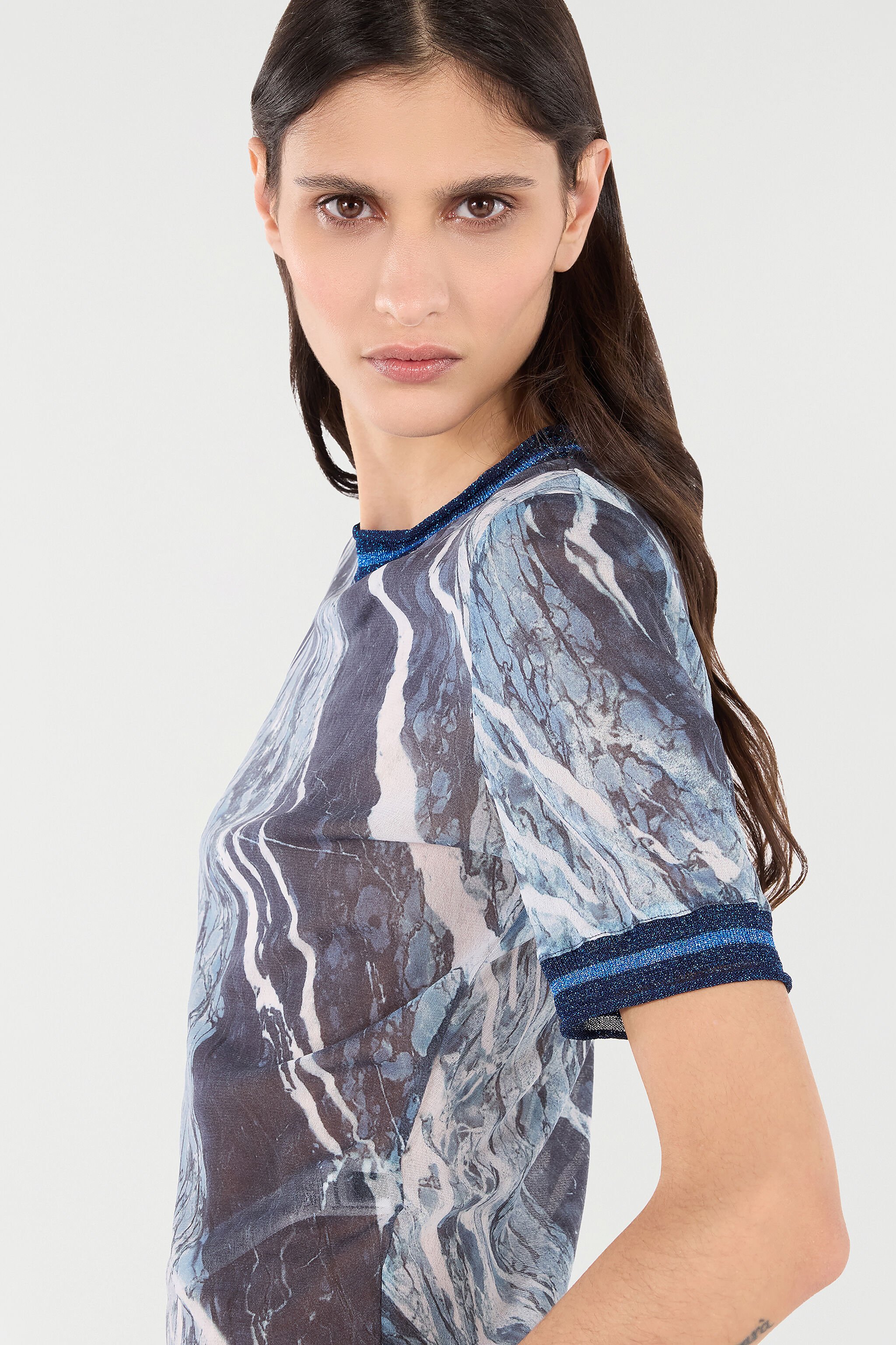 RC Marble-Print T-Shirt With Glittery Trims Dark blue UKT65E-6HN22