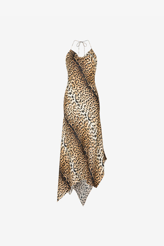 RC Jaguar-Print Halterneck Silk Dress Light Brown RKT133-4QH26