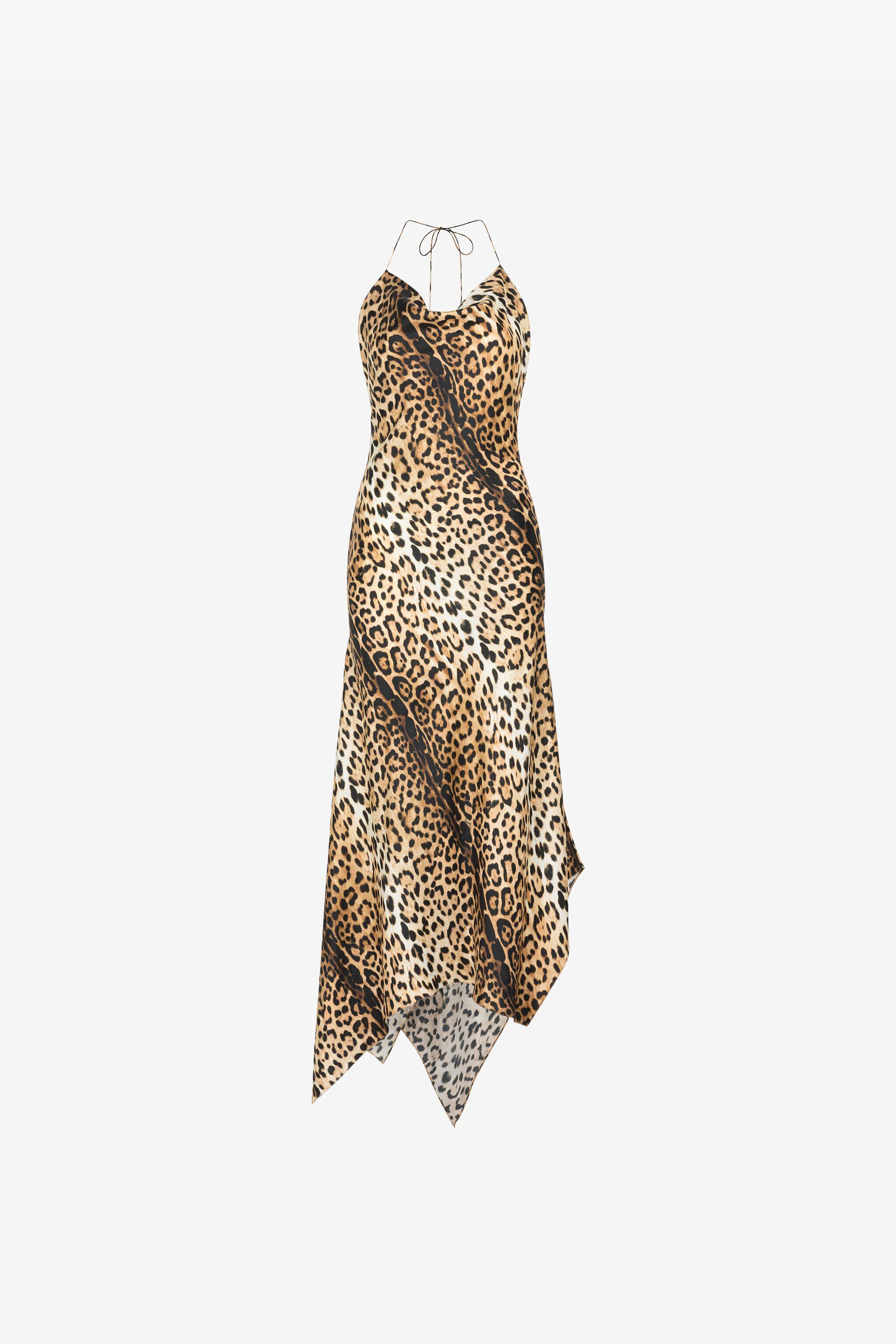 RC Jaguar-Print Halterneck Silk Dress Light Brown RKT133-4QH26