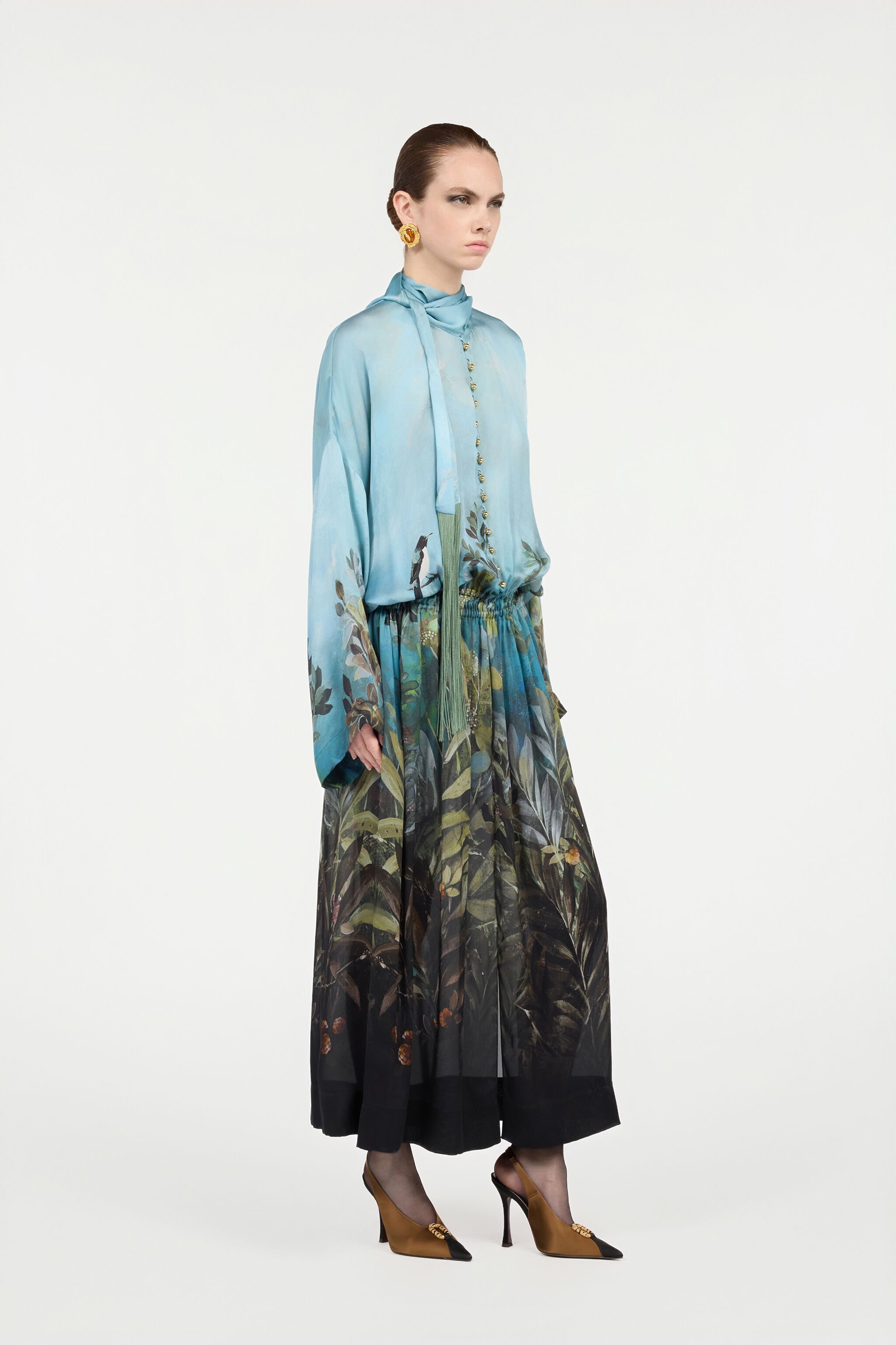 RC Kleid Aus Seide Mit Print Aus Der Natur Grün/Blau VWT139-HZQ70
