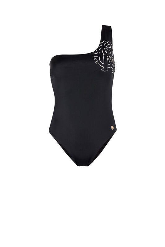 RC RC Monogram-Print One-Shoulder Swimsuit Black KSW01X-LL002