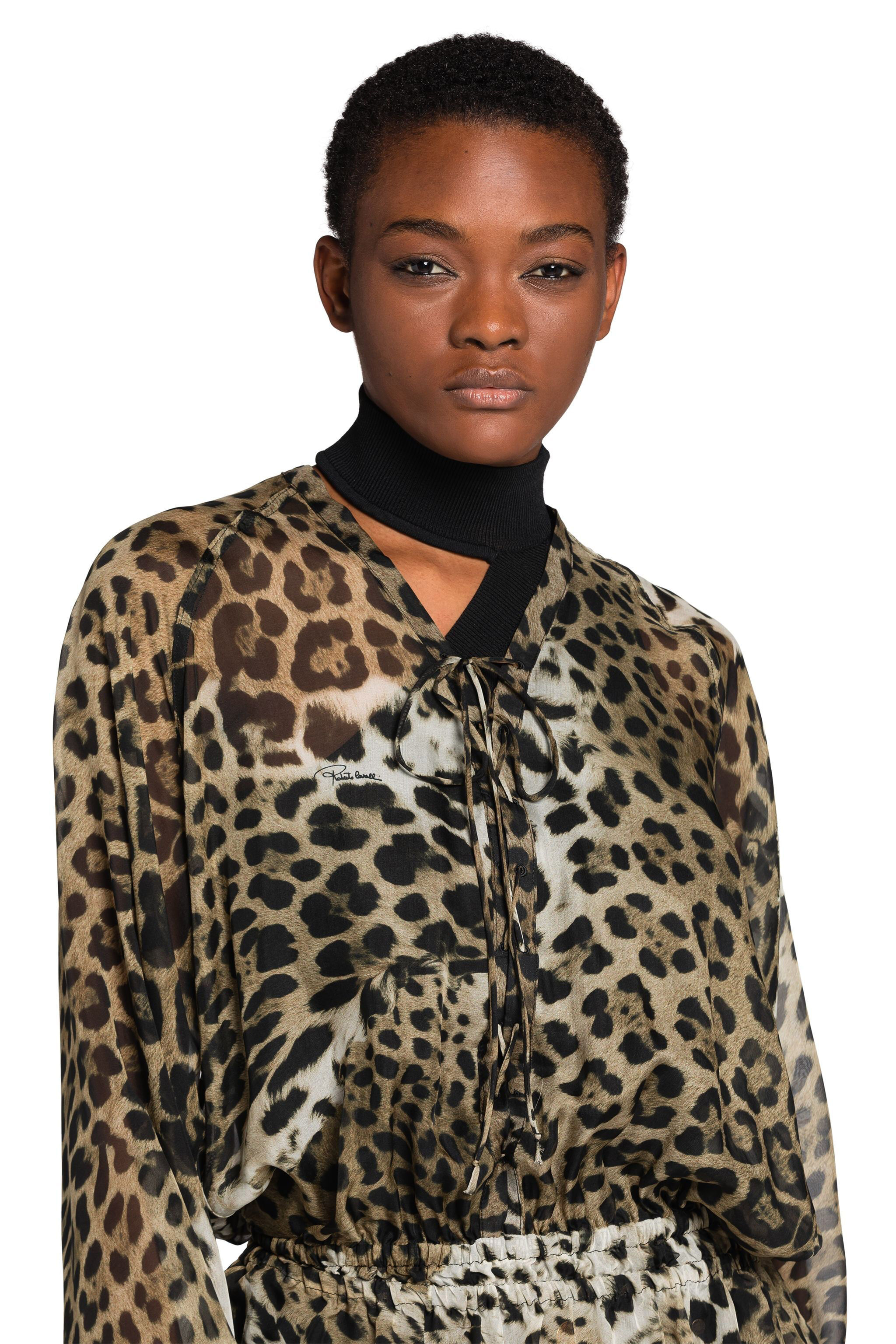RC Leopard-Print Tie-Front Silk Top Light Brown FST712-XCQ84