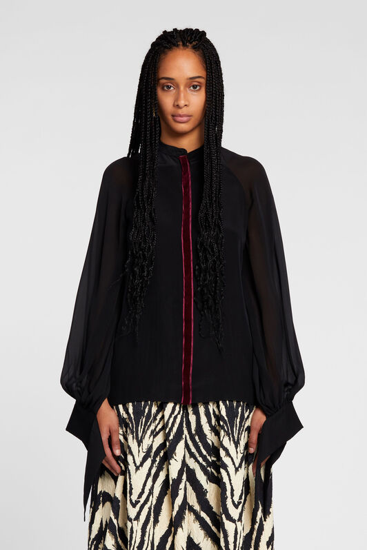 RC Velvet-Trimmed Silk Top Black OKT700-SY001