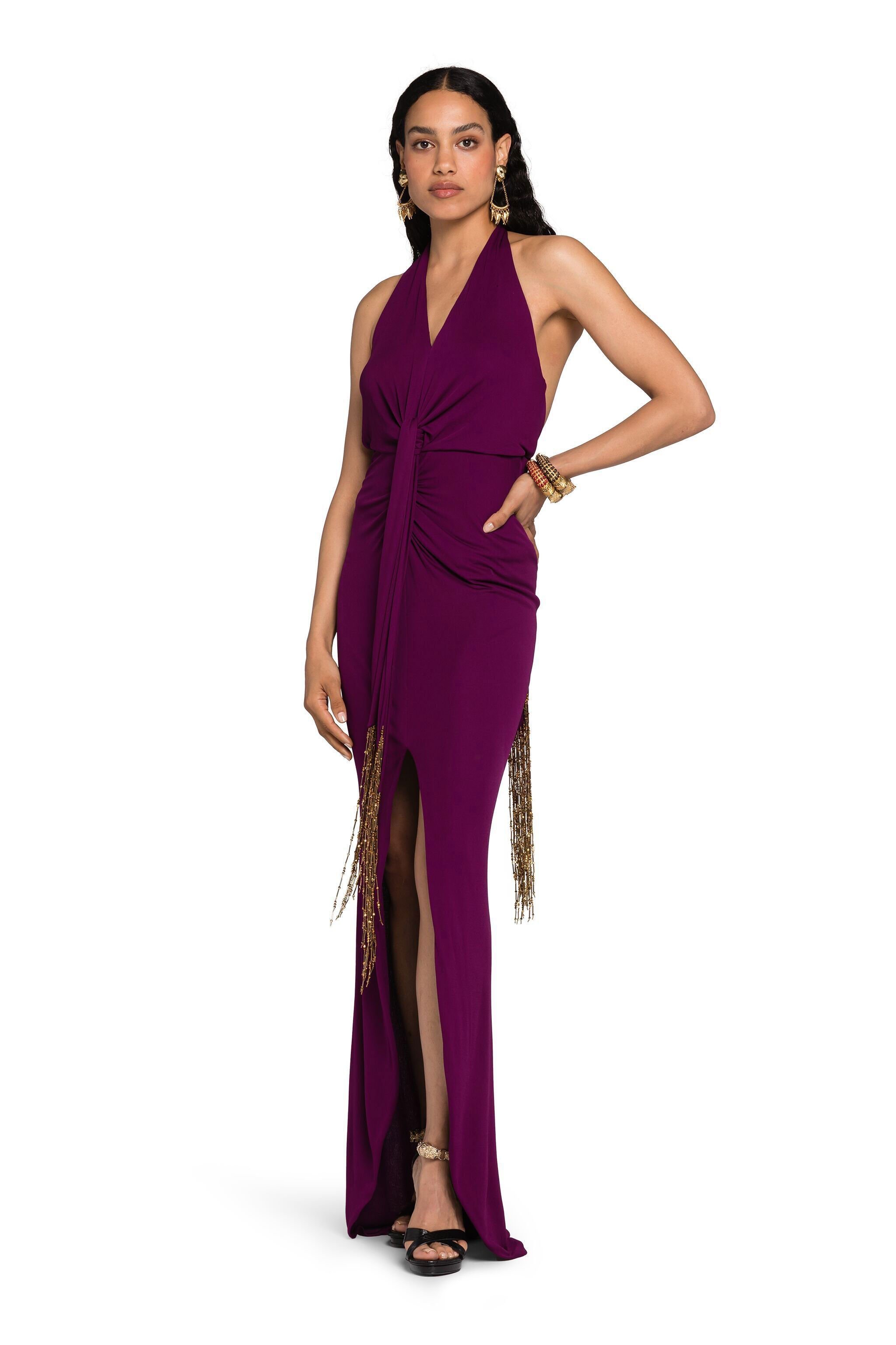 RC Beaded Tassel-Embellished Gathered Dress Purple LQR129-JJ035