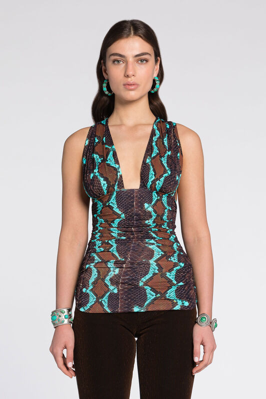 RC Snakeskin-Print Sleeveless Top Dark brown/Light blue RKT604-LNH22