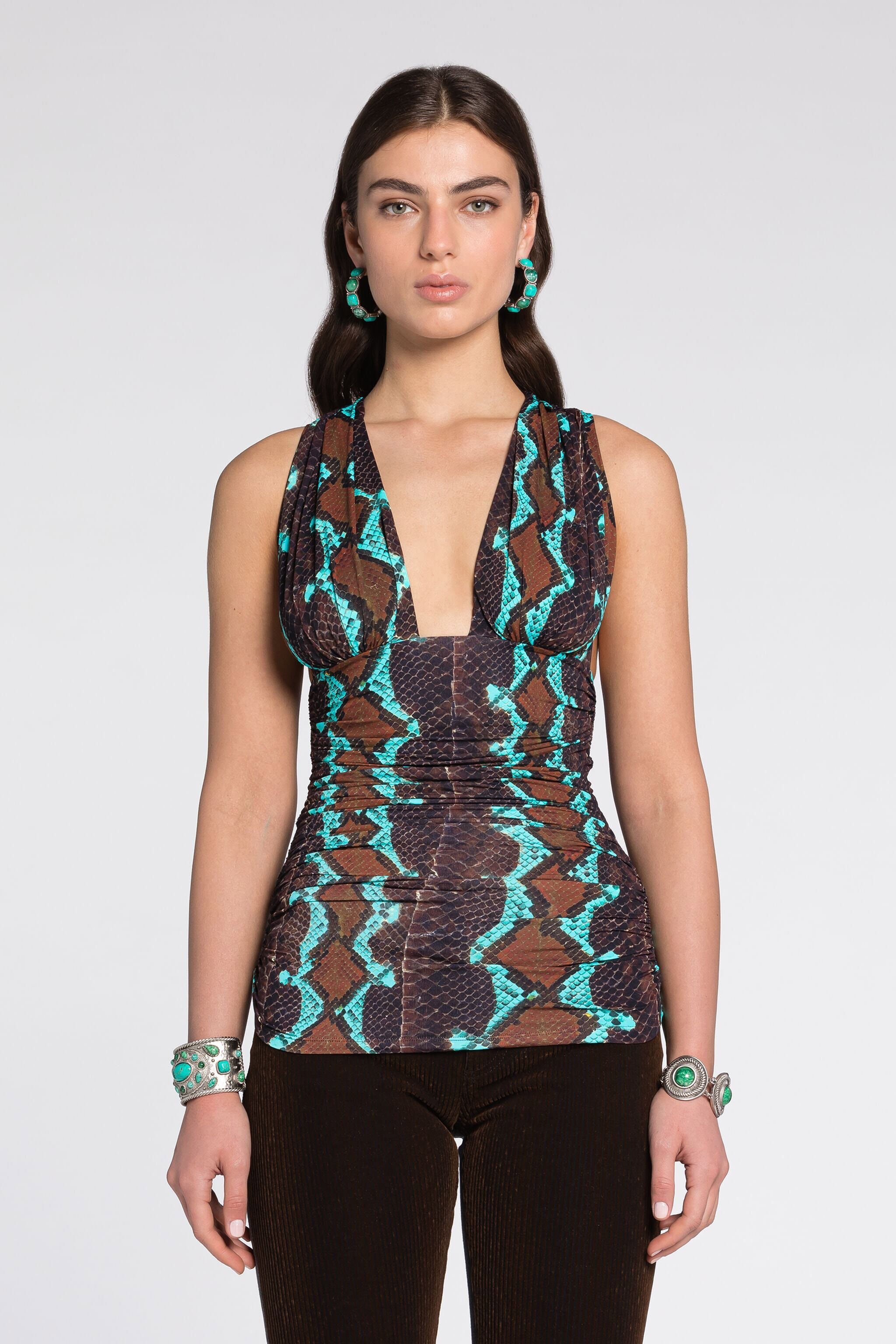 RC Snakeskin-Print Sleeveless Top Dark brown/Light blue RKT604-LNH22